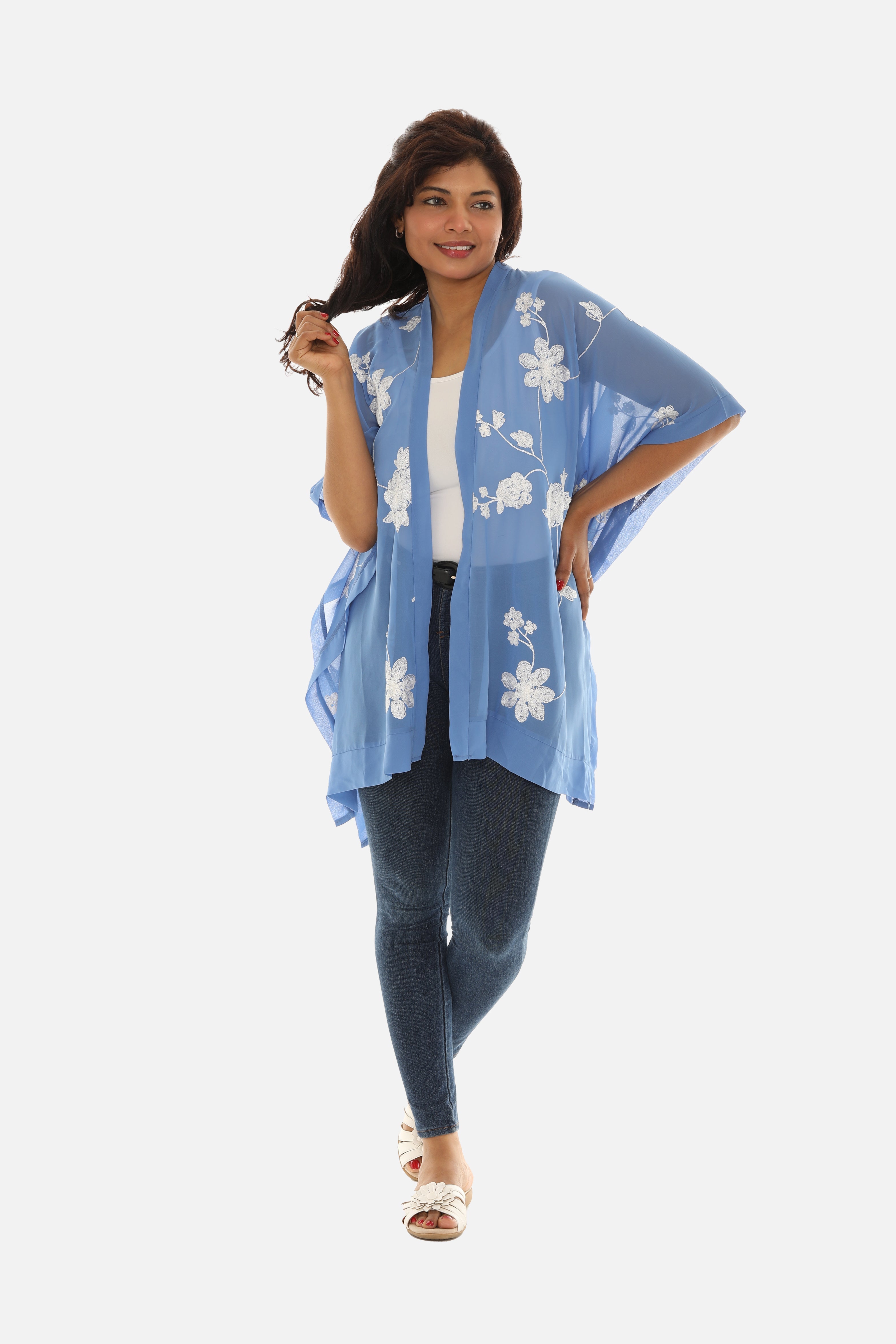 Sheer Floral Embroidered Open Cardigan