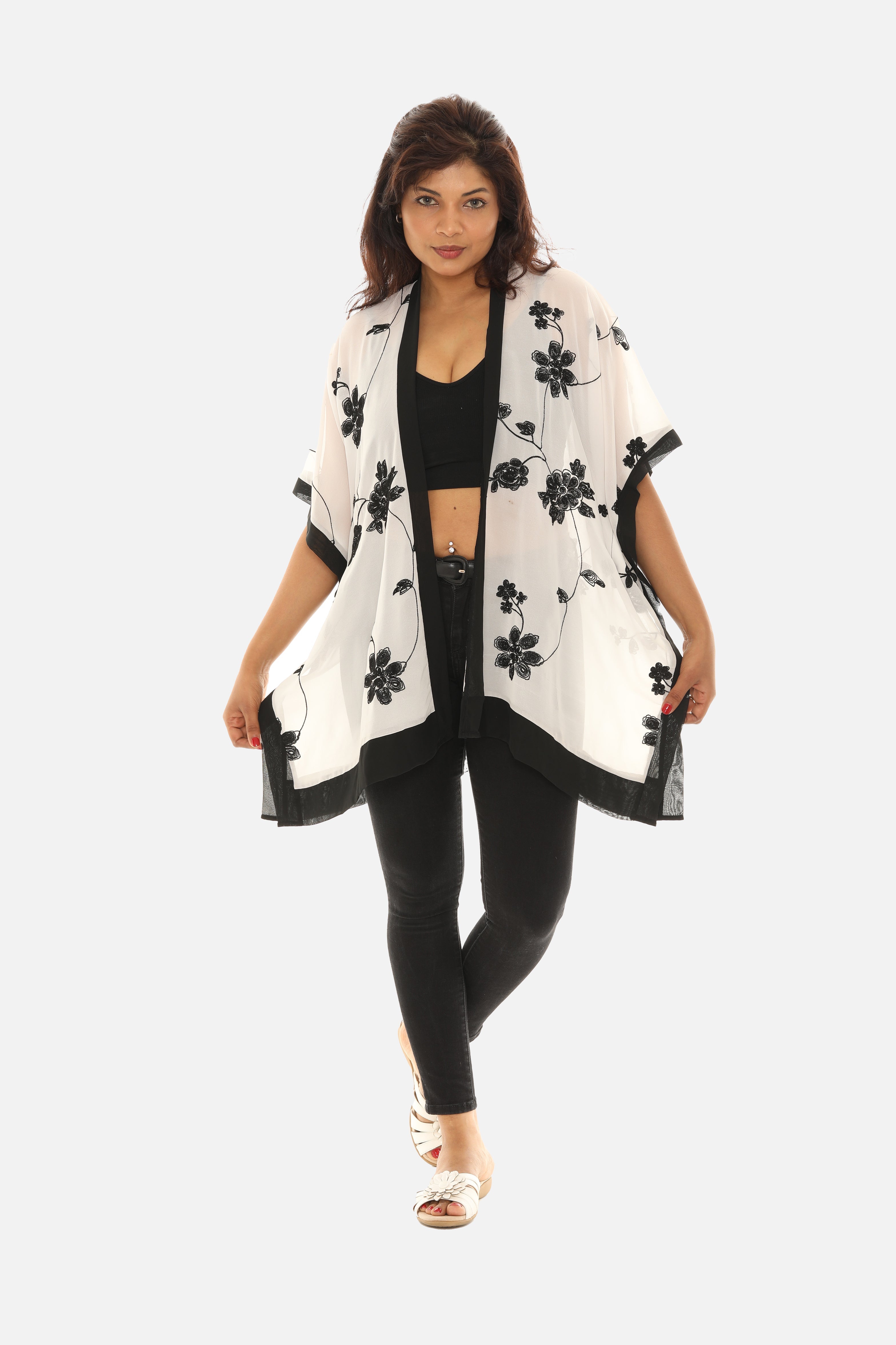 Sheer Floral Embroidered Open Cardigan