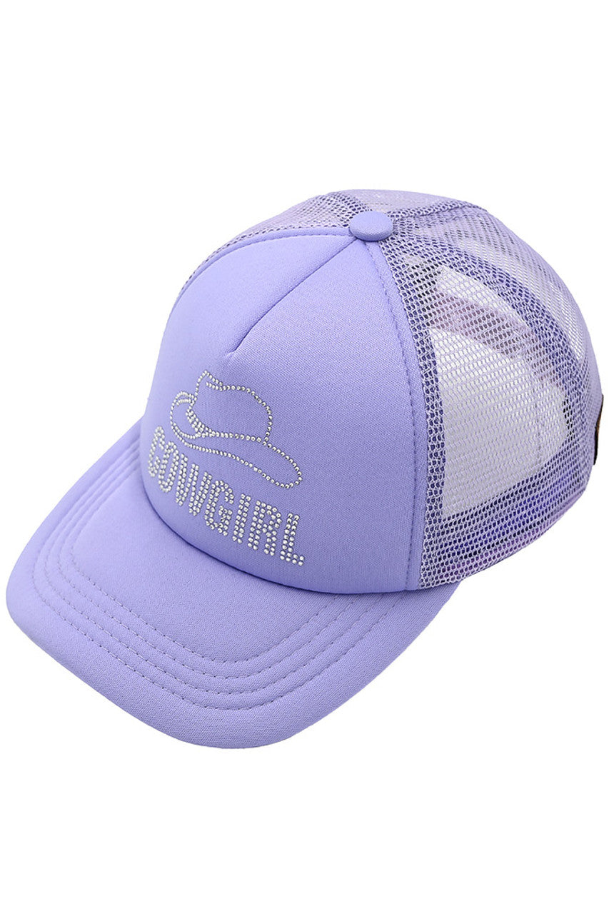 Lavender C.C COW GIRL Rhinestone Trucker Cap features a stylish design and durable construction. With its rhinestone embellishments, this cap adds a touch of sparkle to any outfit. Stay cool and protected from the sun with its trucker-style mesh back. Perfect for any cowgirl or fashionista in need of a chic accessory.