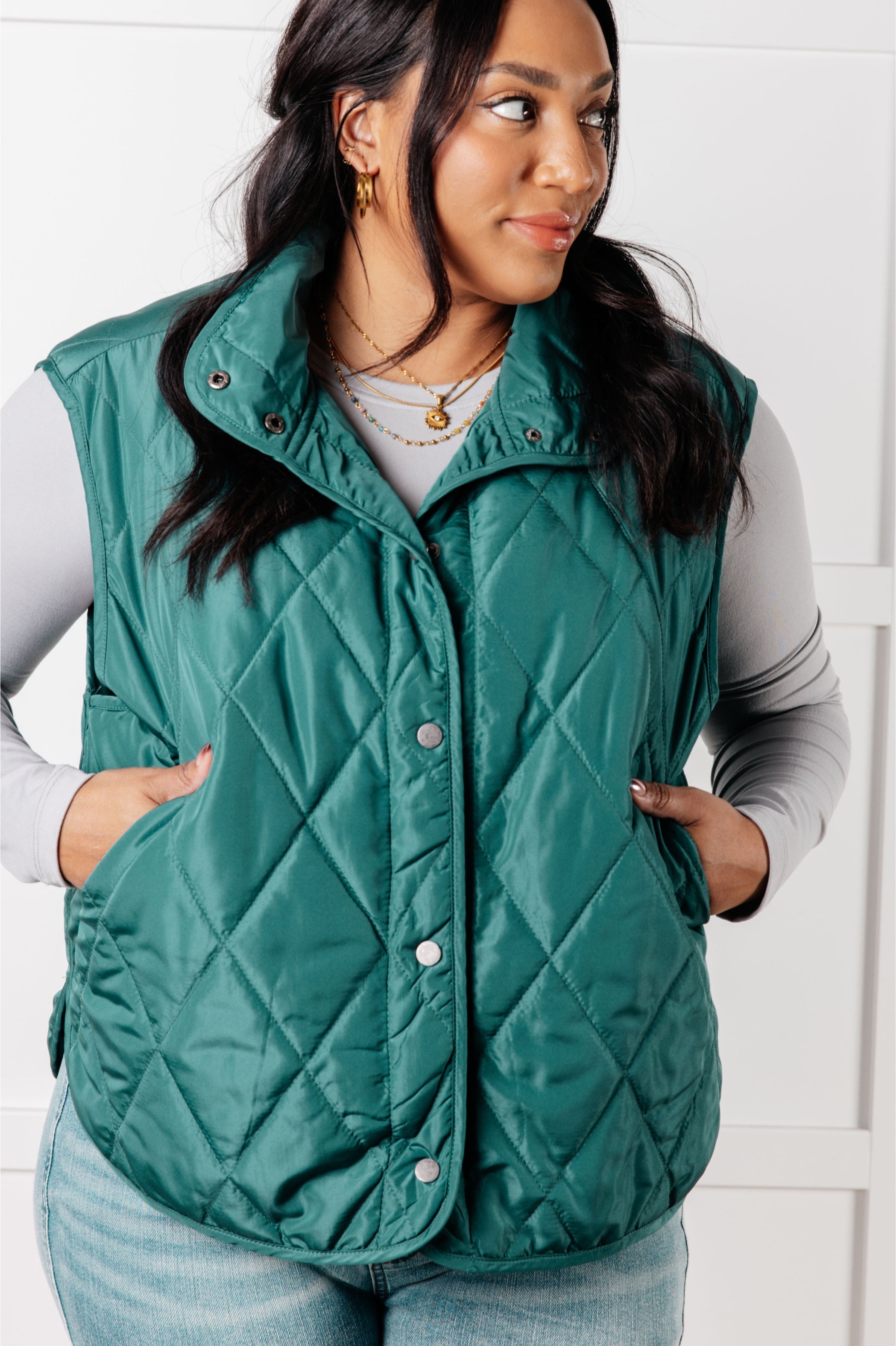 Layering Queen Quilted Puffer Vest in Hunter Green - Charming Charlie