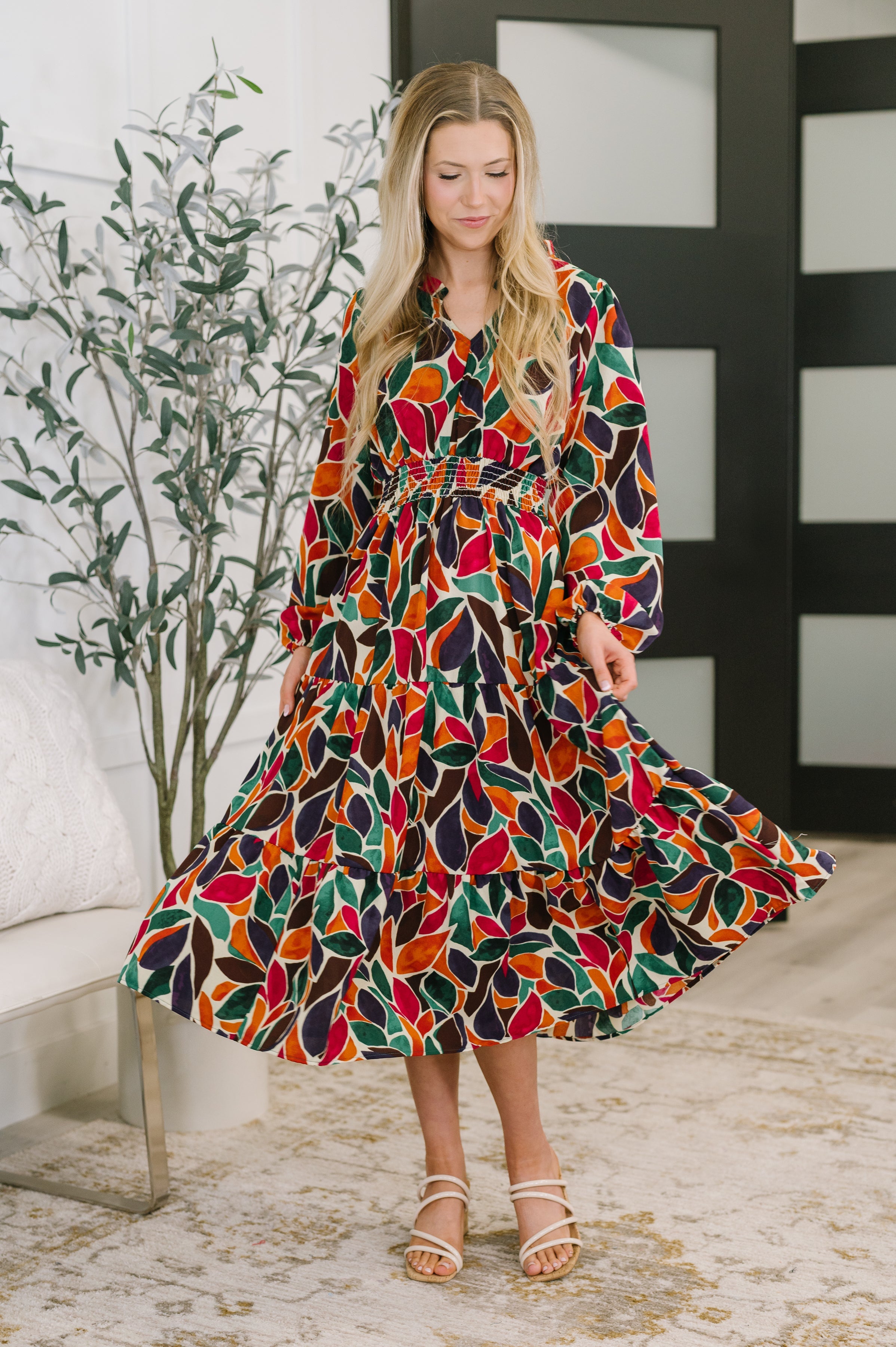 Leafing it All Behind Long Sleeve Tiered Dress - Charming Charlie