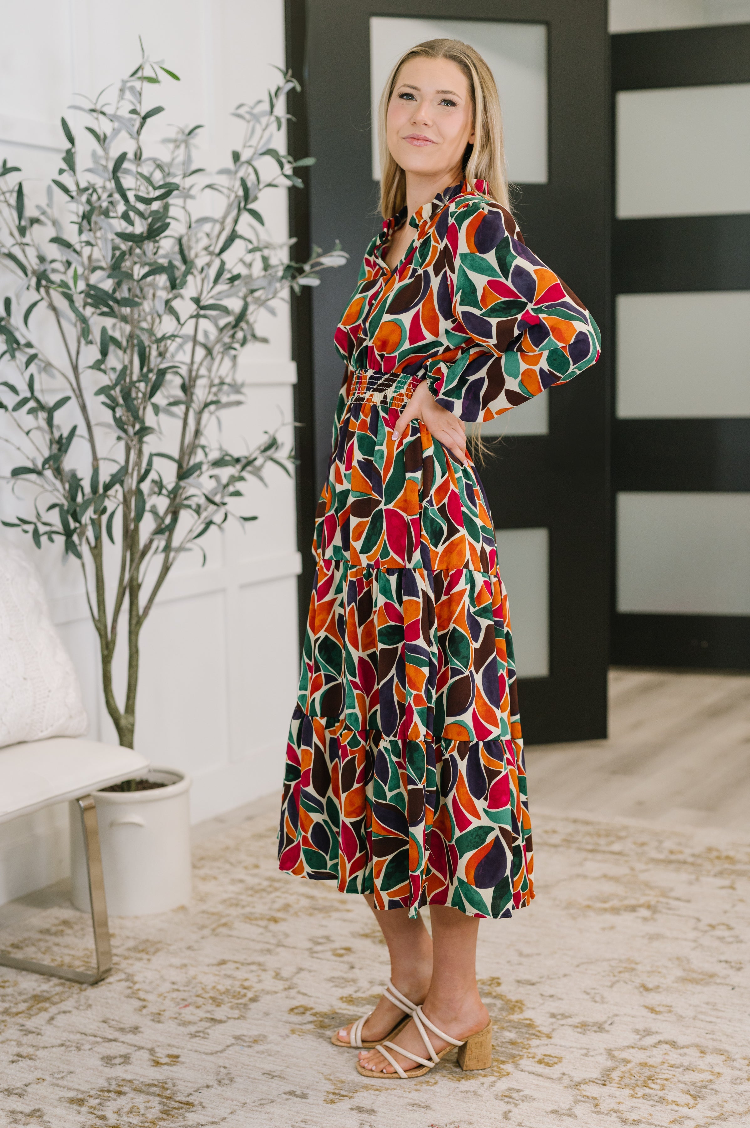 Leafing it All Behind Long Sleeve Tiered Dress - Charming Charlie
