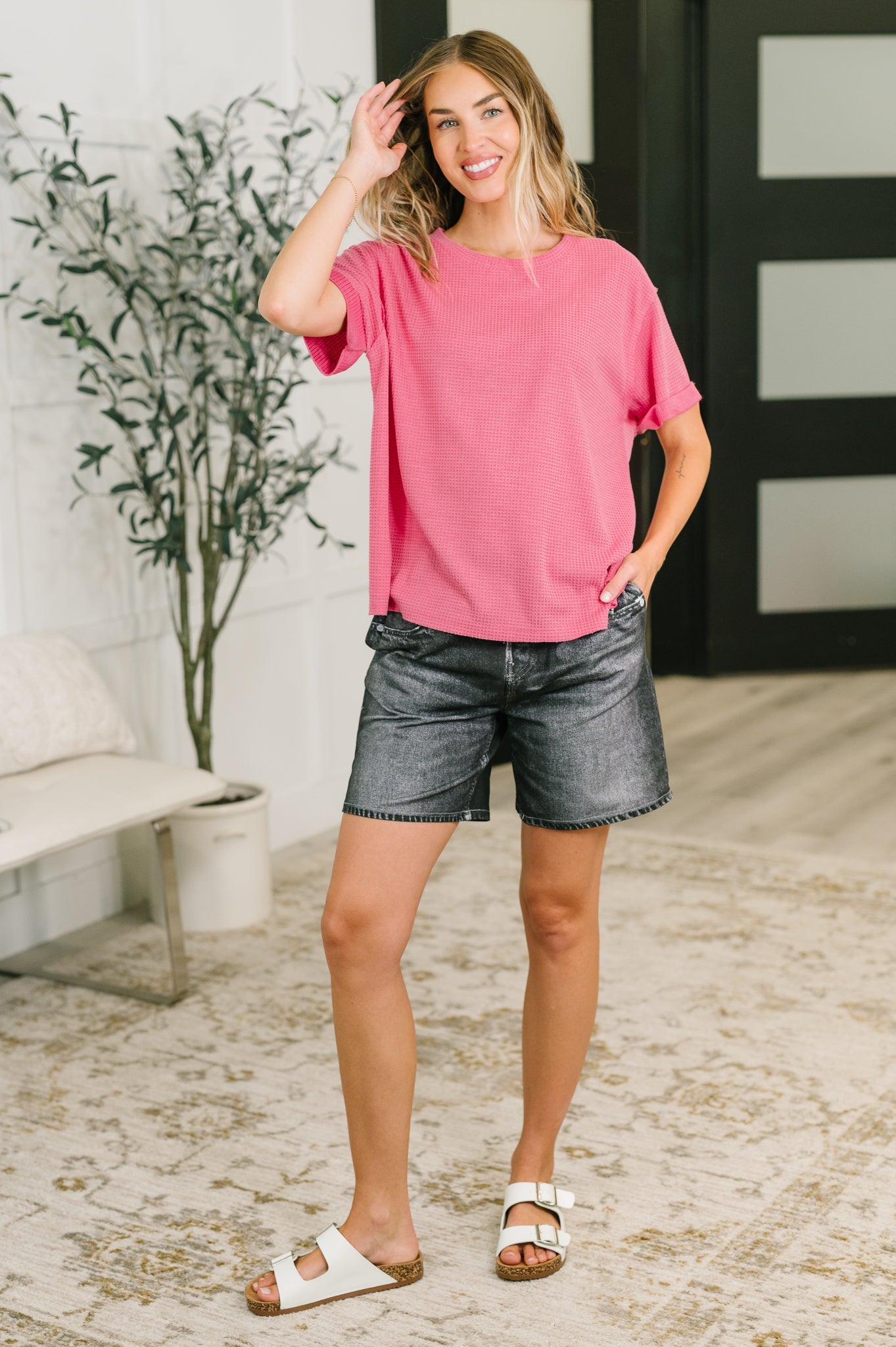 Leave It to Me Waffle Knit Relaxed Tee in  Pink - Charming Charlie