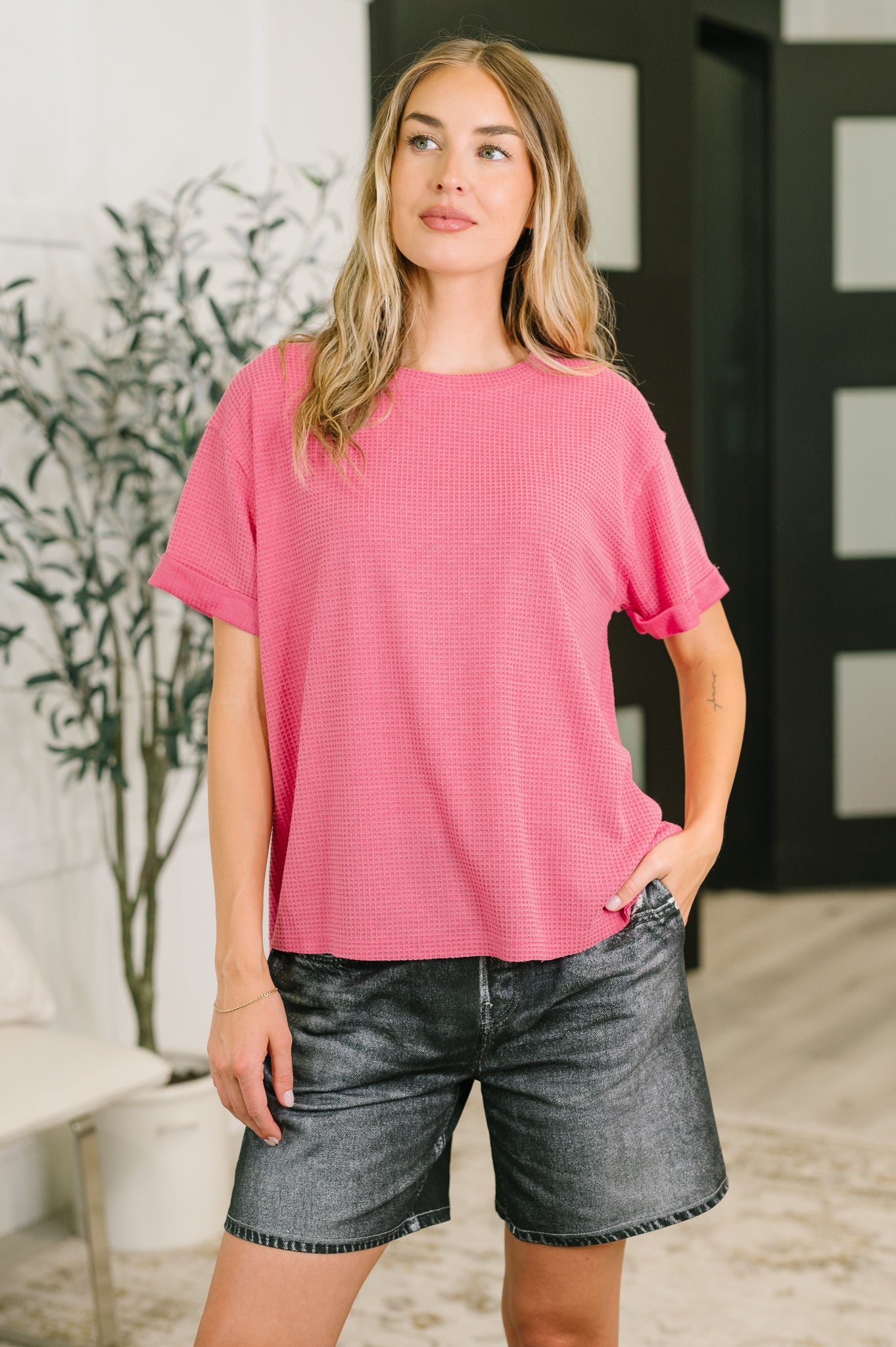 Leave It to Me Waffle Knit Relaxed Tee in  Pink - Charming Charlie