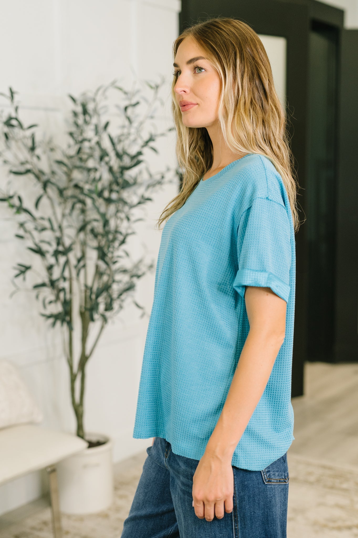 Leave It to Me Waffle Knit Relaxed Tee in Teal - Charming Charlie