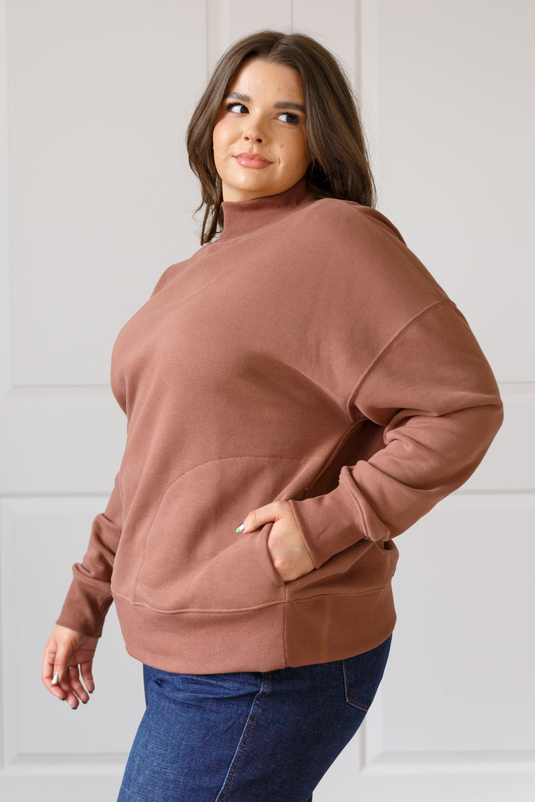 Make No Mistake Mock Neck Pullover in Cocoa - Charming Charlie