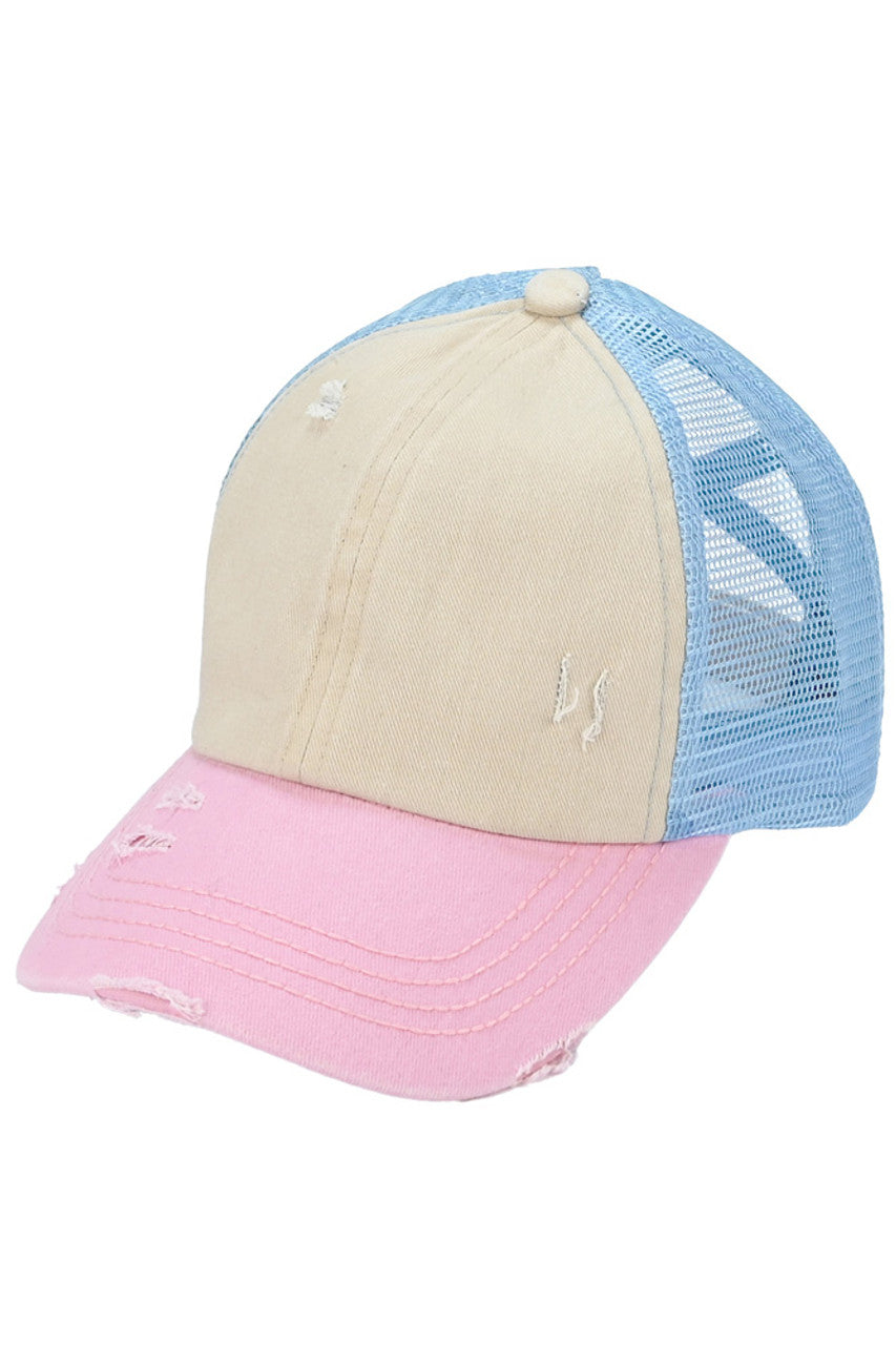Light-Beige- C.C 3 Tone Crossed Mesh Back Trucker Pony Cap combines stylish design with functionality. Its mesh back allows for breathability, while the crossed design adds a unique touch. Perfect for those looking for a trendy yet practical cap option.