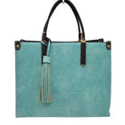 Light Green Large Shoulder Vegan Leather Tassel Handbag For Women. High quality Vegan Leather is a luxurious and durable, Stay organized in style with this square-shaped shopper tote bag that is fully two contrasting interior and exterior solid colors. This vegan leather handbag includes an on-trend removable tassel embellishment. Guaranteed, This will be your go-to handbag. 