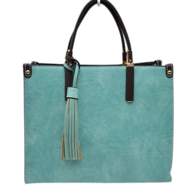 Light Green Large Shoulder Vegan Leather Tassel Handbag For Women. High quality Vegan Leather is a luxurious and durable, Stay organized in style with this square-shaped shopper tote bag that is fully two contrasting interior and exterior solid colors. This vegan leather handbag includes an on-trend removable tassel embellishment. Guaranteed, This will be your go-to handbag. 