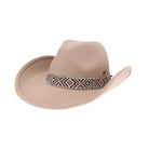 Light_Taupe_C.C Aztec Beads Trim Vegan Cowboy Hat is the perfect combination of fashion and functionality. Made with high-quality vegan materials, it features a stylish Aztec beads trim that adds a touch of sophistication to any outfit. Protect yourself from the sun while looking effortlessly chic.