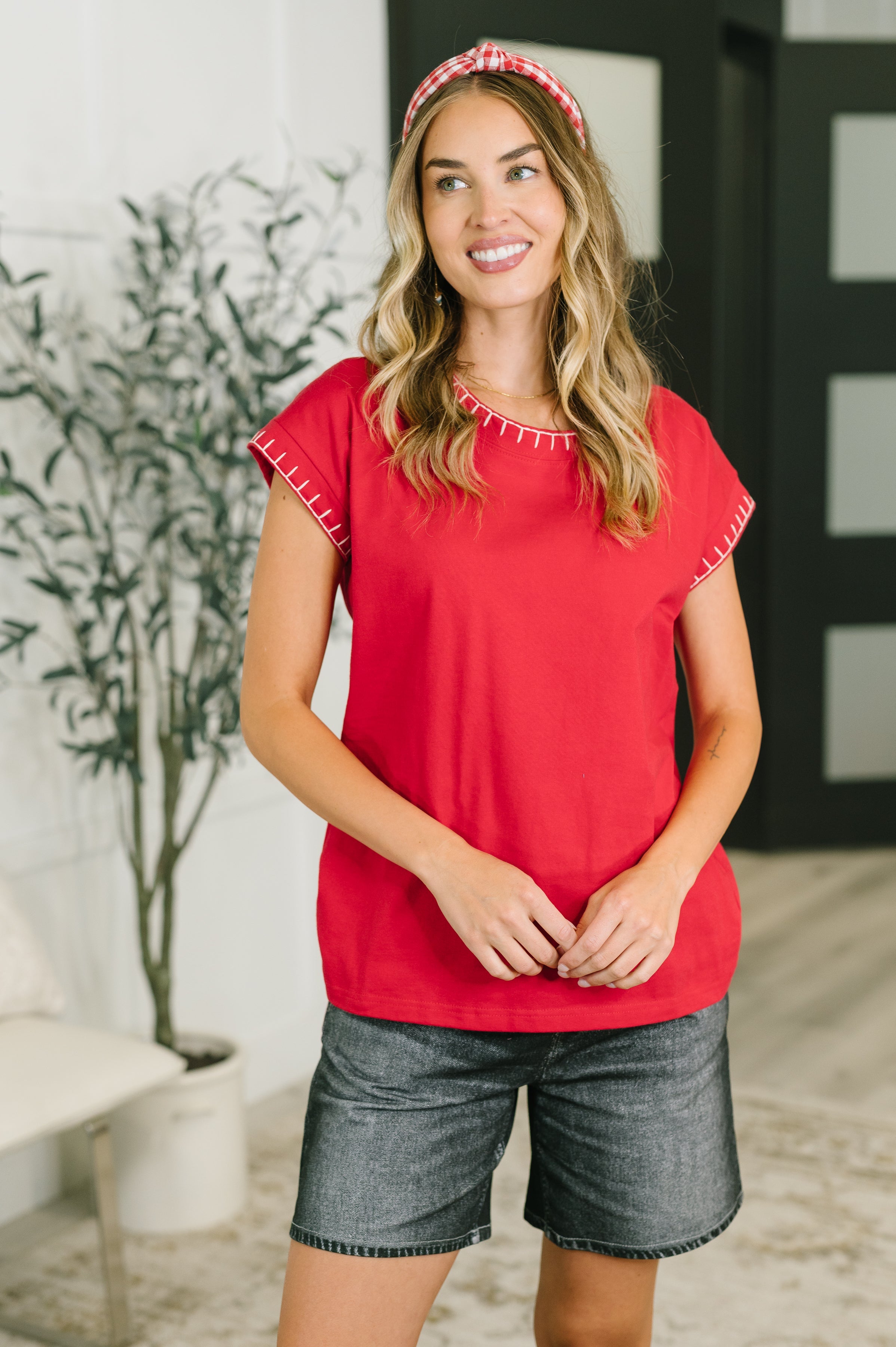 Little Details Trim Detail Top in Ruby - Charming Charlie