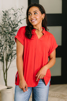 Lizzy Bloom Split Neck Blouse in Red - Charming Charlie