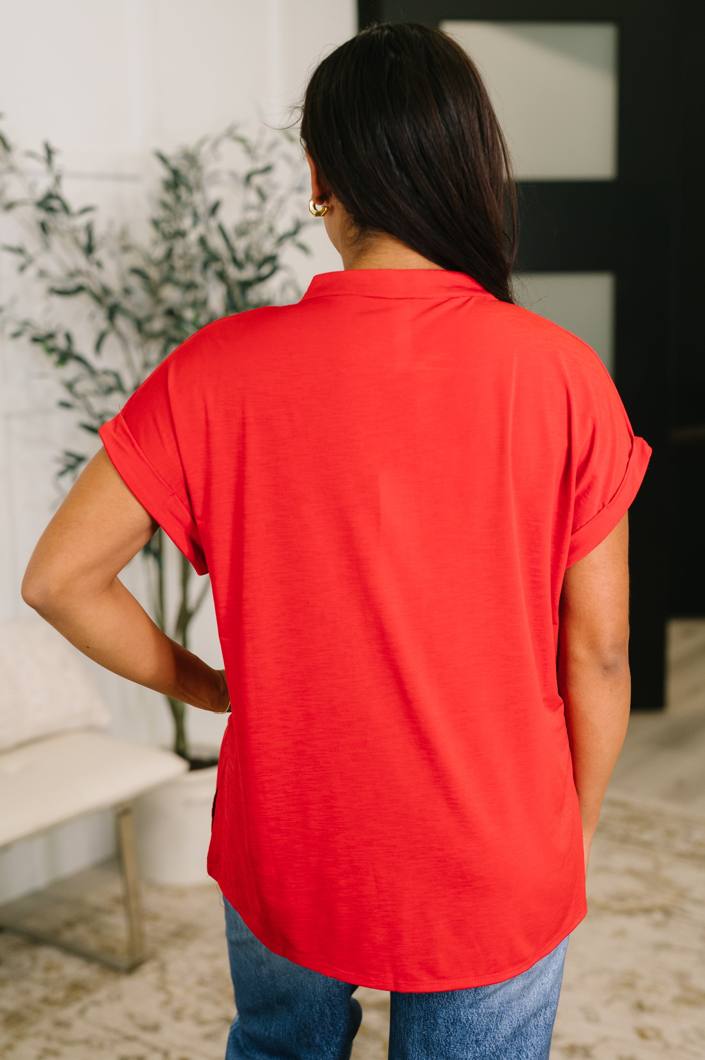 Lizzy Bloom Split Neck Blouse in Red - Charming Charlie