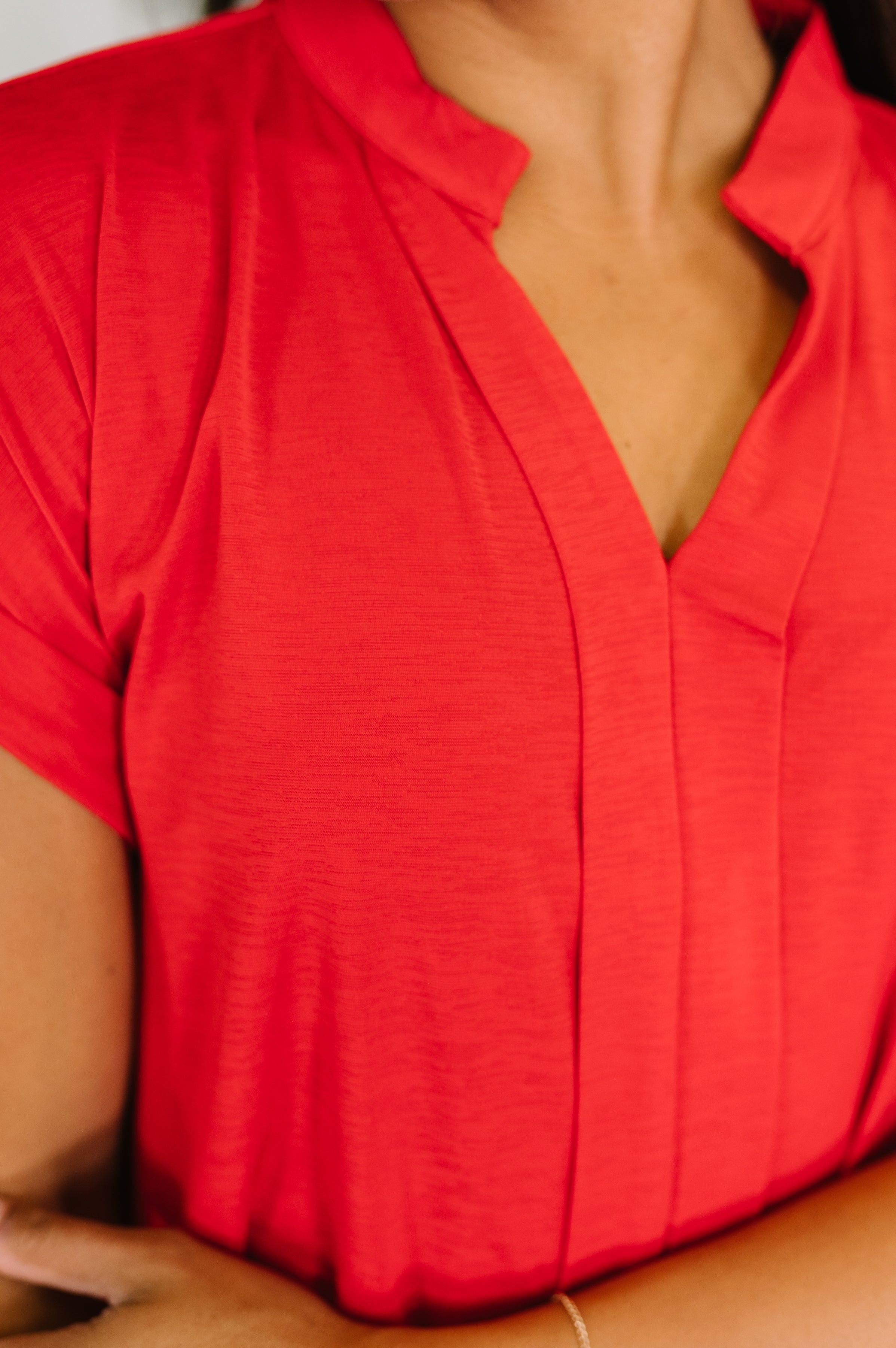 Lizzy Bloom Split Neck Blouse in Red - Charming Charlie