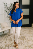 Lizzy Bloom Split Neck Blouse in Royal Blue - Charming Charlie