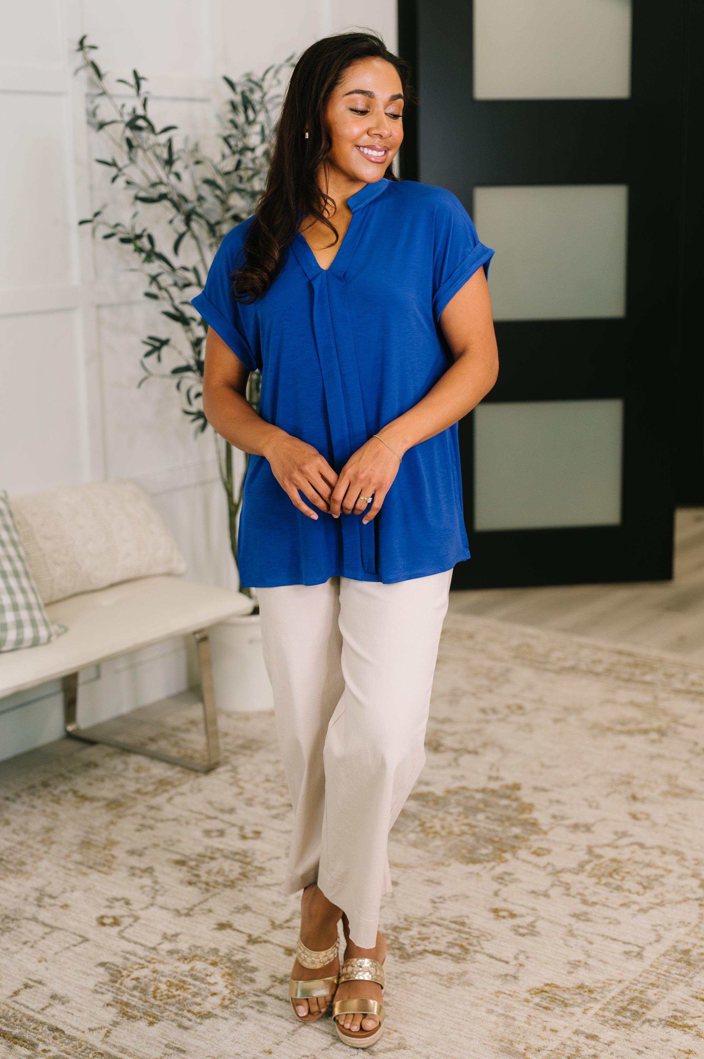 Lizzy Bloom Split Neck Blouse in Royal Blue - Charming Charlie