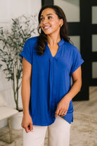 Lizzy Bloom Split Neck Blouse in Royal Blue - Charming Charlie