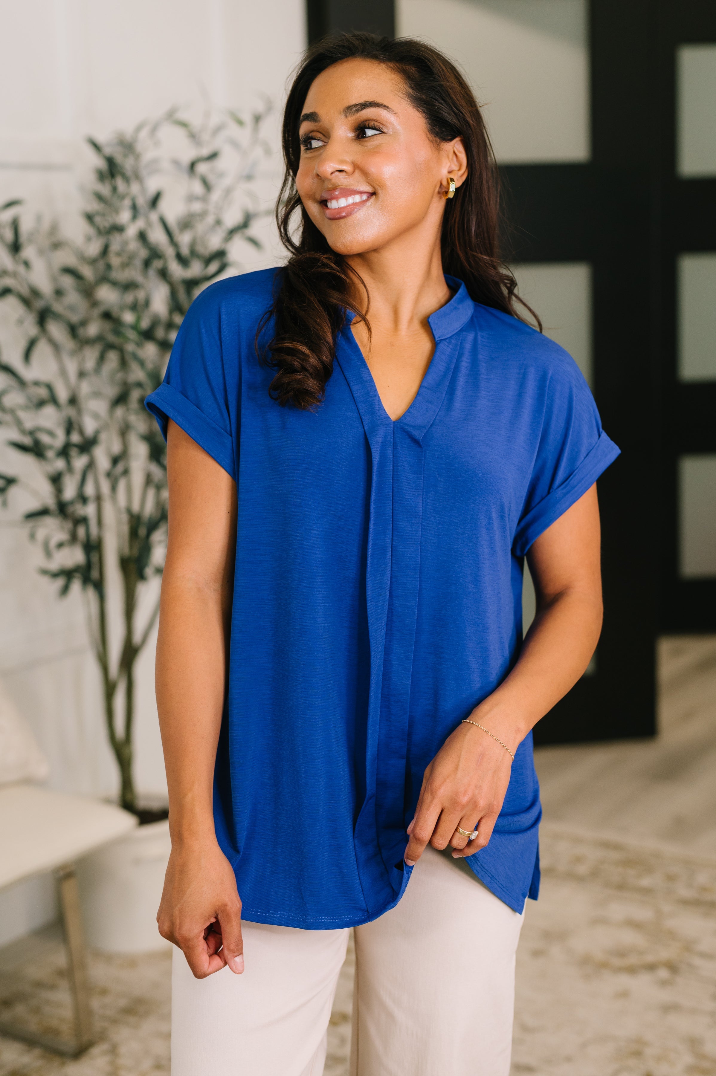 Lizzy Bloom Split Neck Blouse in Royal Blue - Charming Charlie