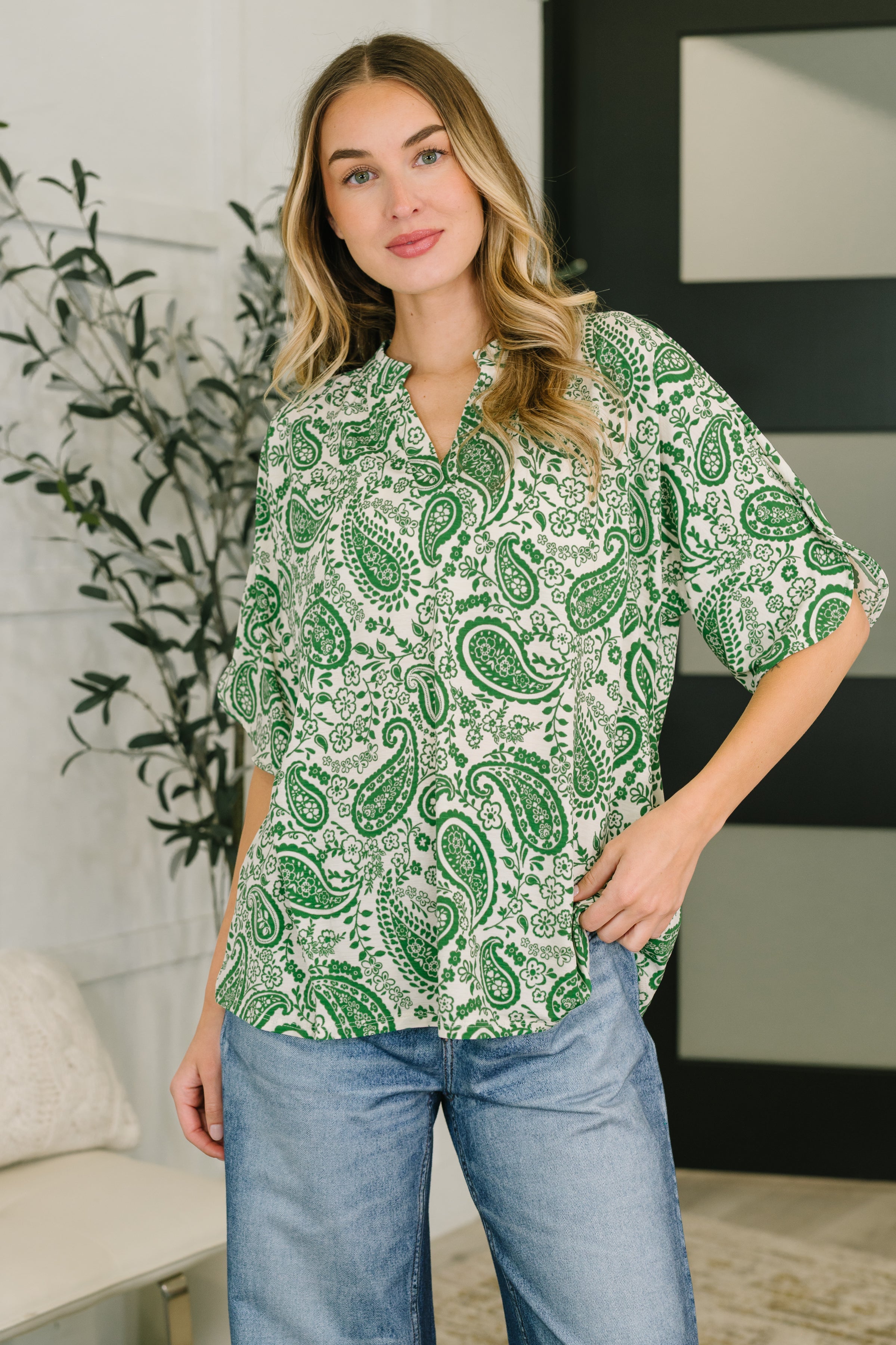 Lizzy Breeze Top in Green Paisley - Charming Charlie