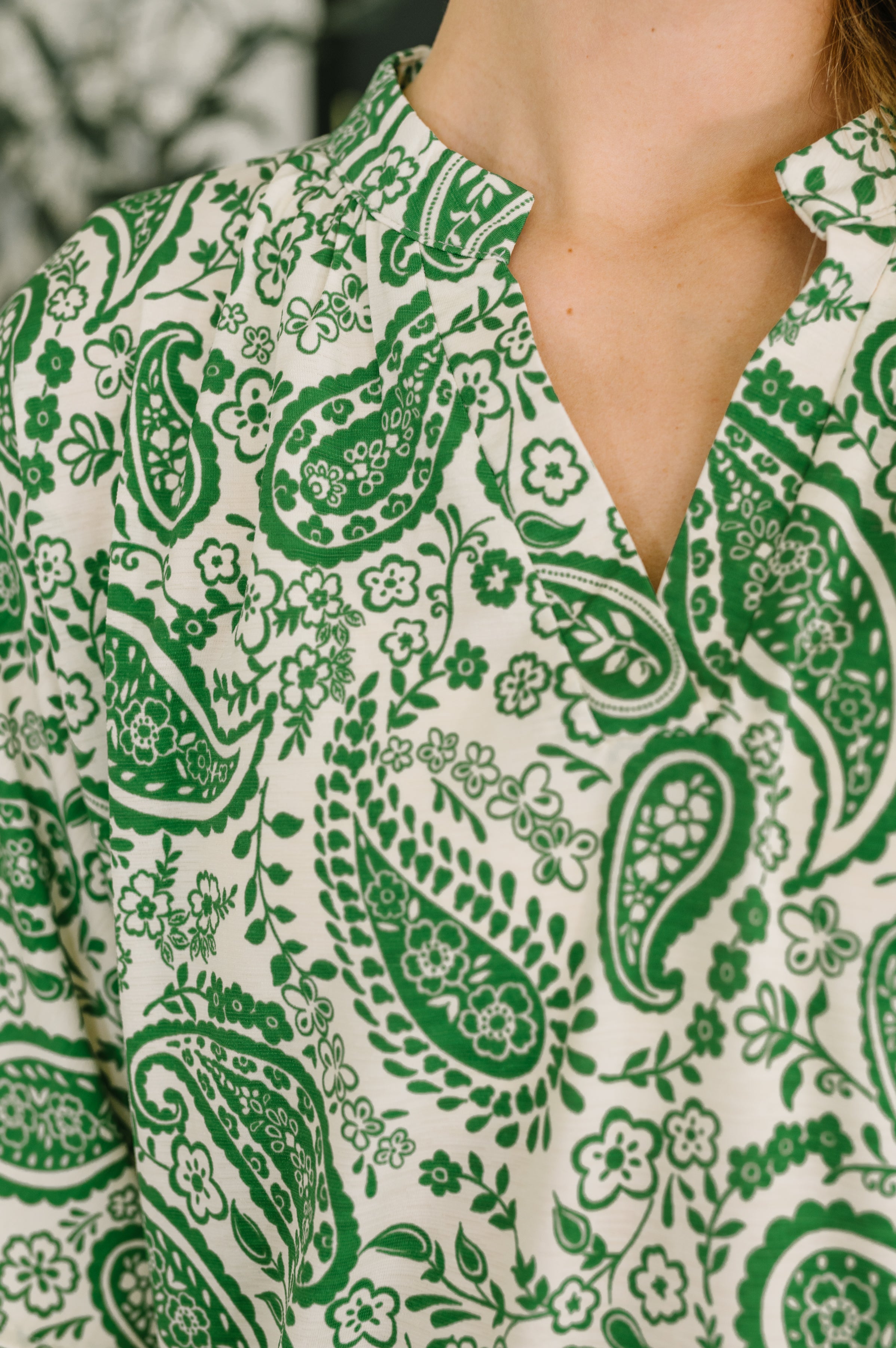 Lizzy Breeze Top in Green Paisley - Charming Charlie