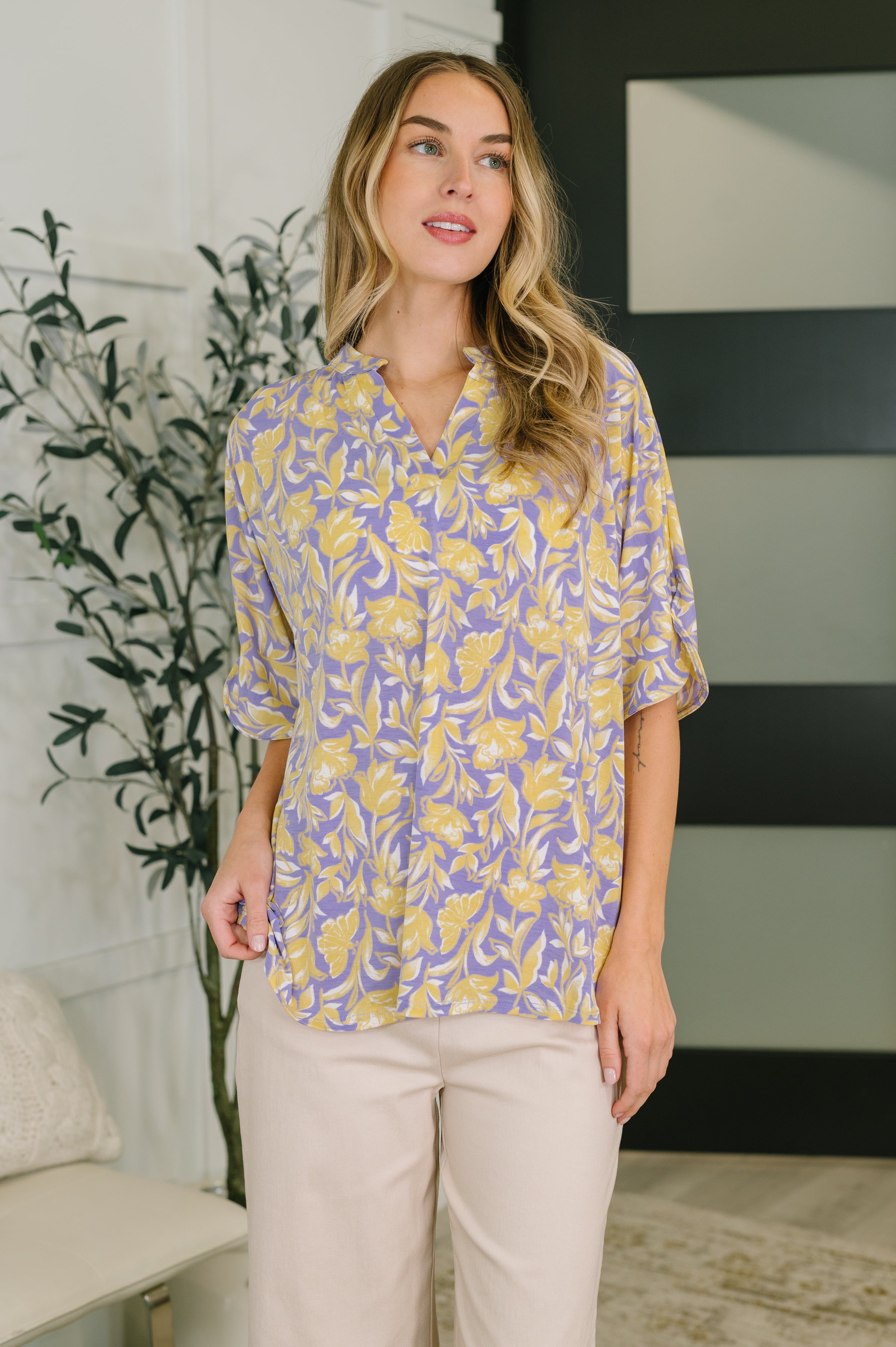 Lizzy Breeze Top in Purple and Yellow Floral - Charming Charlie