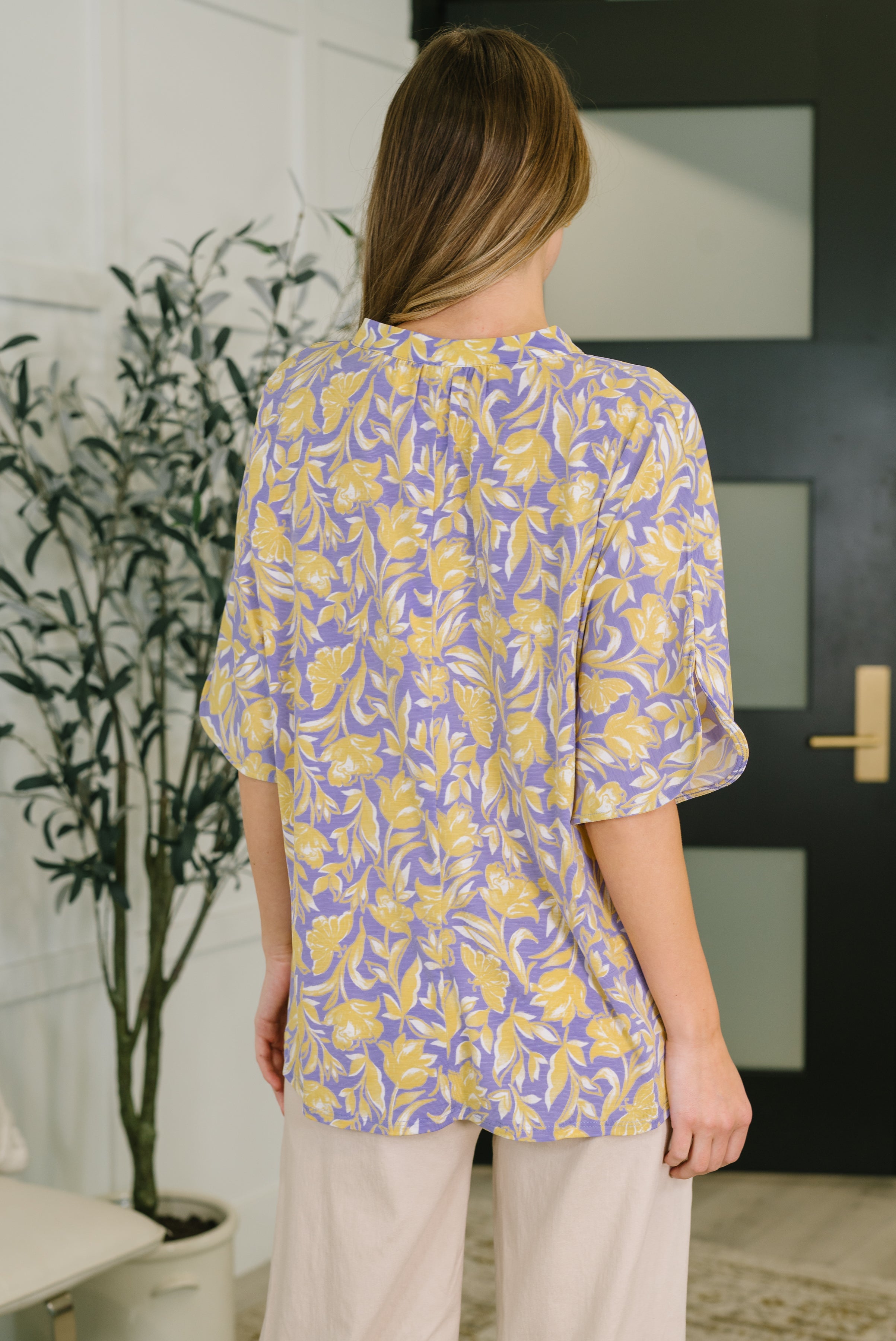 Lizzy Breeze Top in Purple and Yellow Floral - Charming Charlie