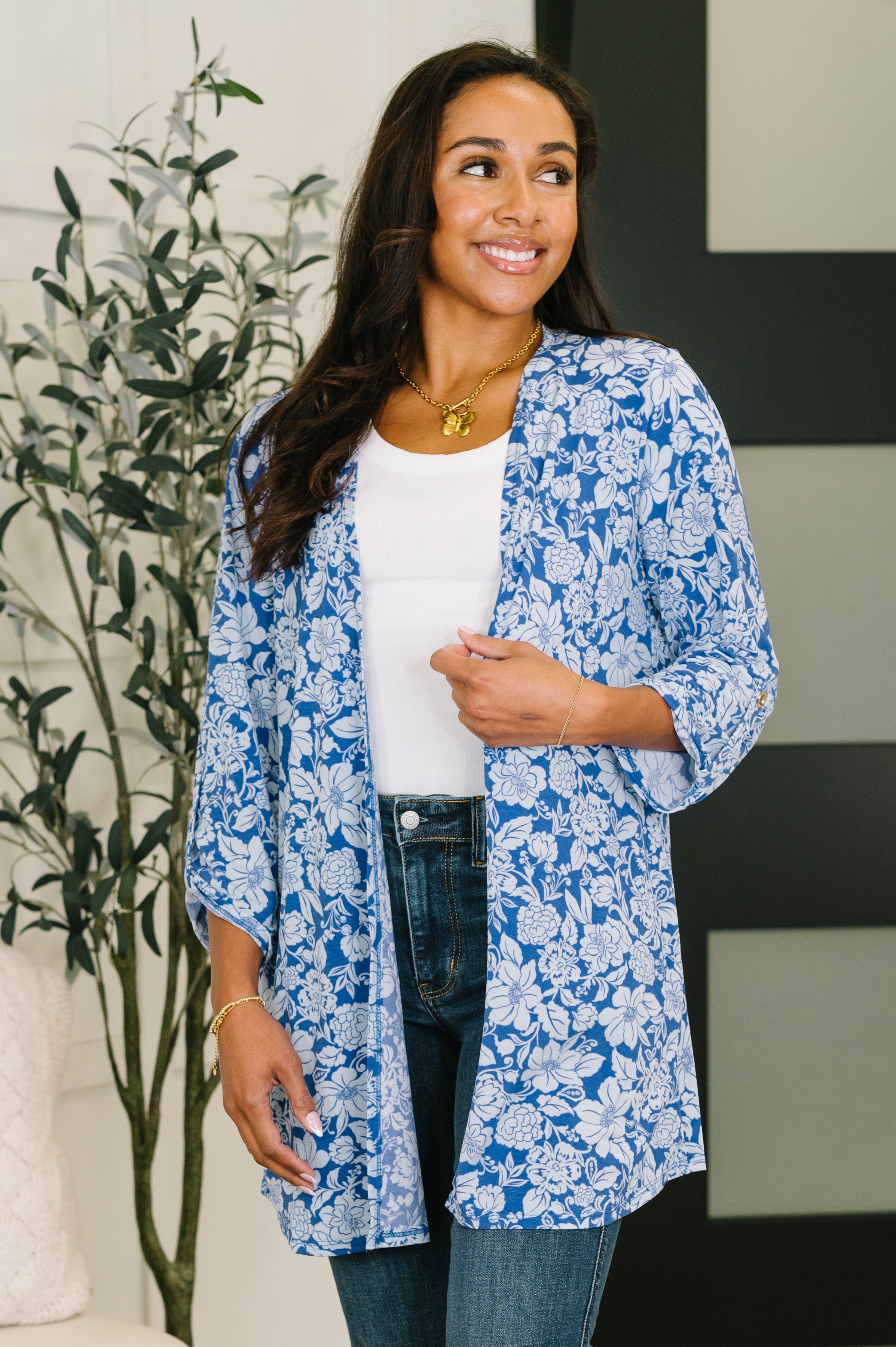 Lizzy Cardigan in Blue and White Floral - Charming Charlie
