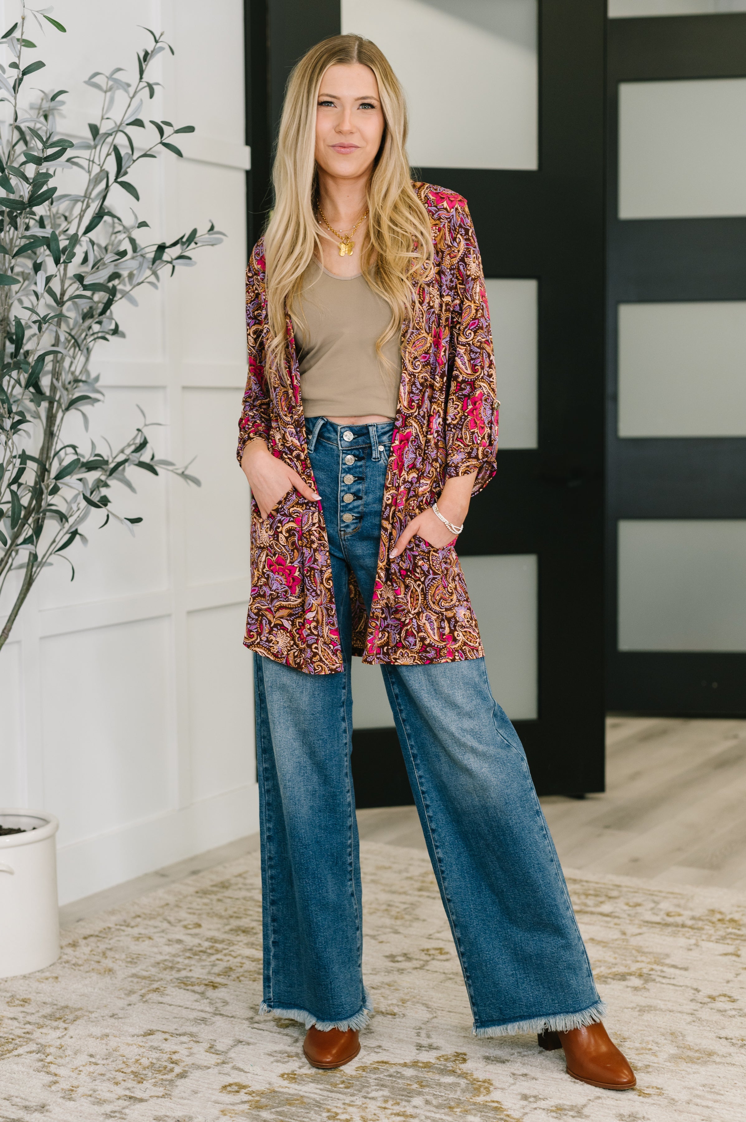 Lizzy Cardigan in Chocolate Paisley - Charming Charlie