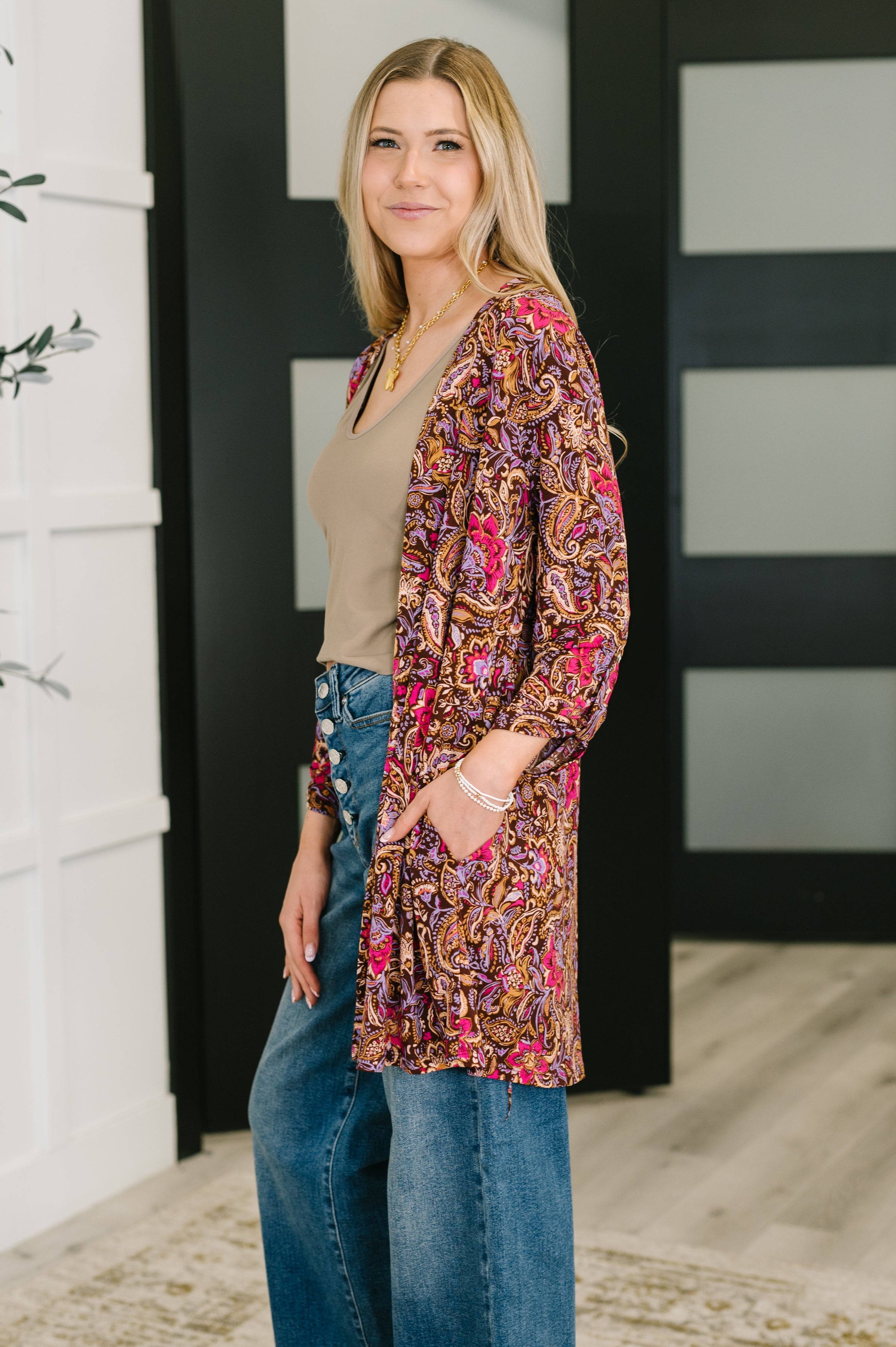 Lizzy Cardigan in Chocolate Paisley - Charming Charlie