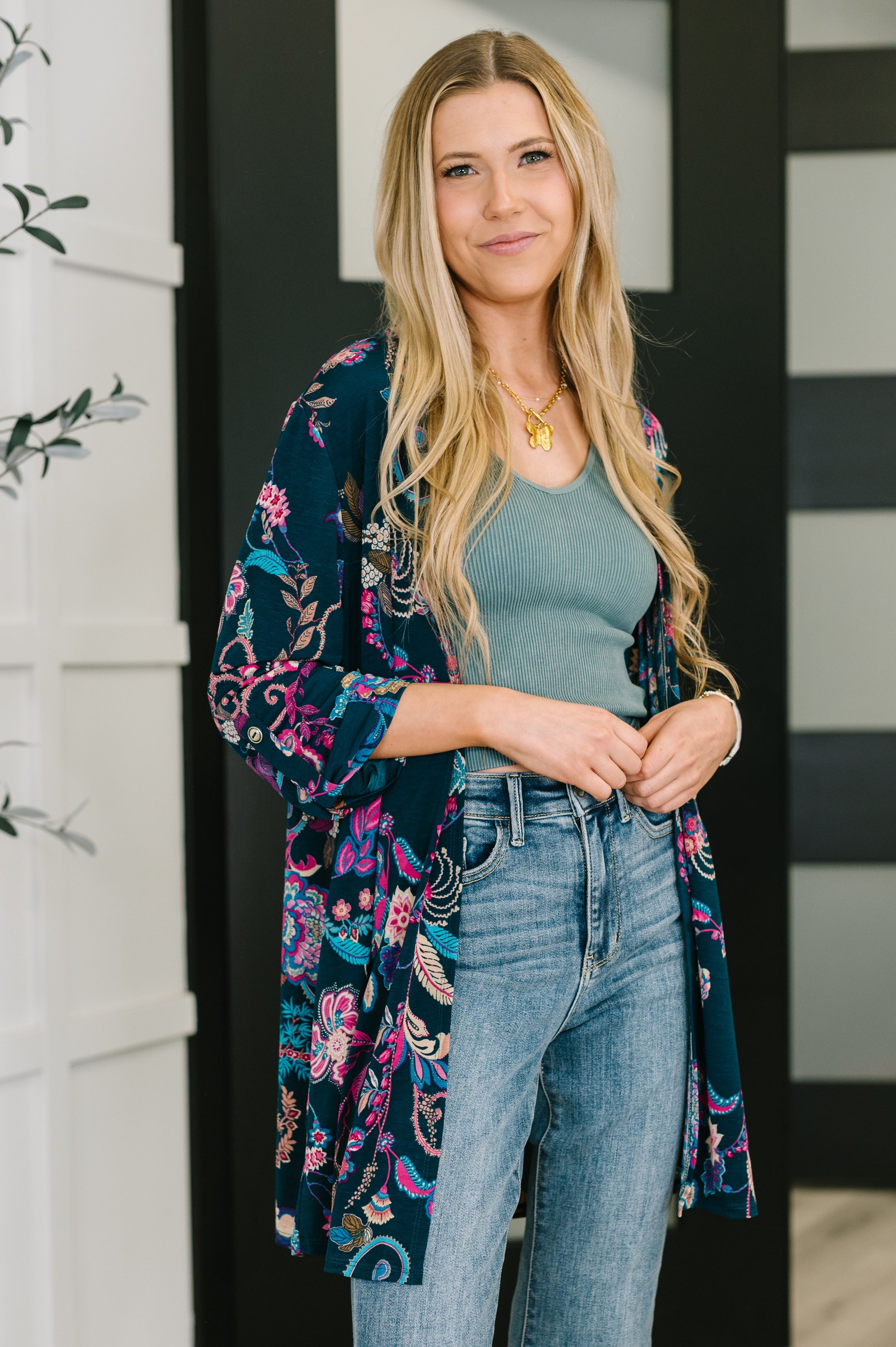 Lizzy Cardigan in Hunter Green Floral Paisley - Charming Charlie