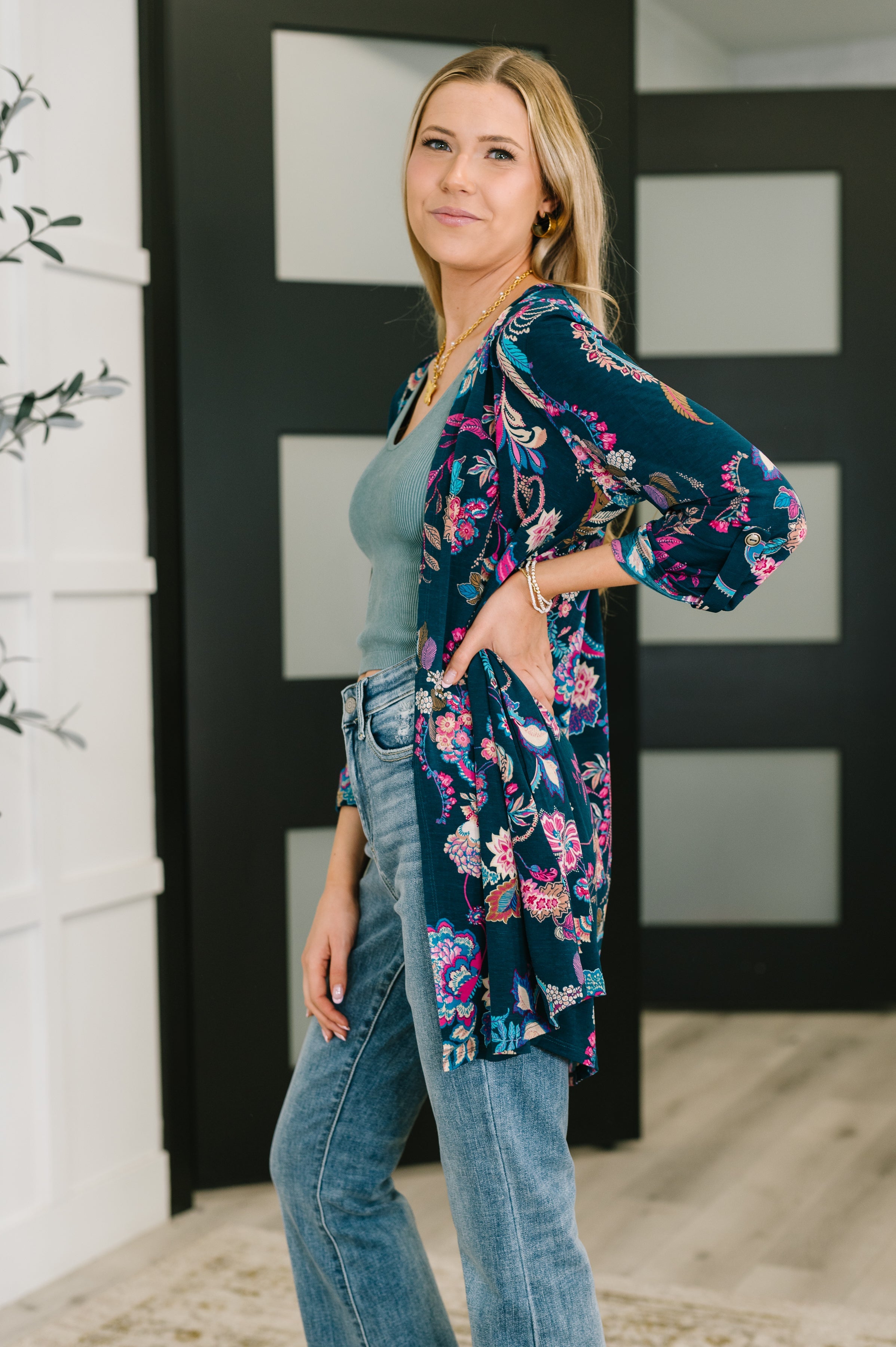 Lizzy Cardigan in Hunter Green Floral Paisley - Charming Charlie