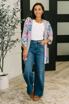 Lizzy Cardigan in Teal and Pink Floral Abstract - Charming Charlie