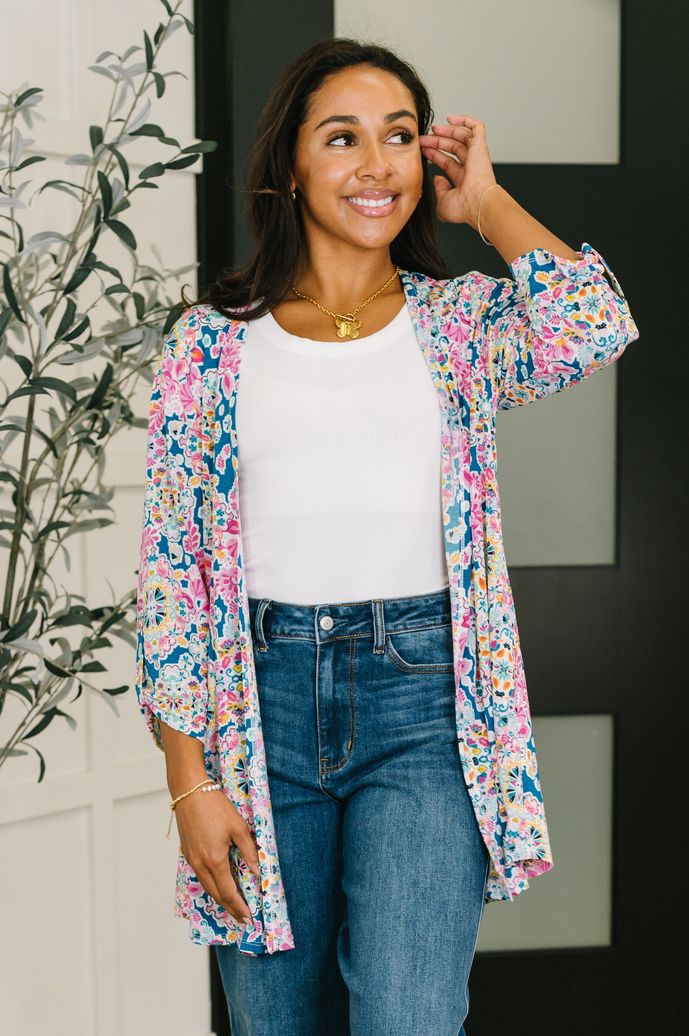 Lizzy Cardigan in Teal and Pink Floral Abstract - Charming Charlie