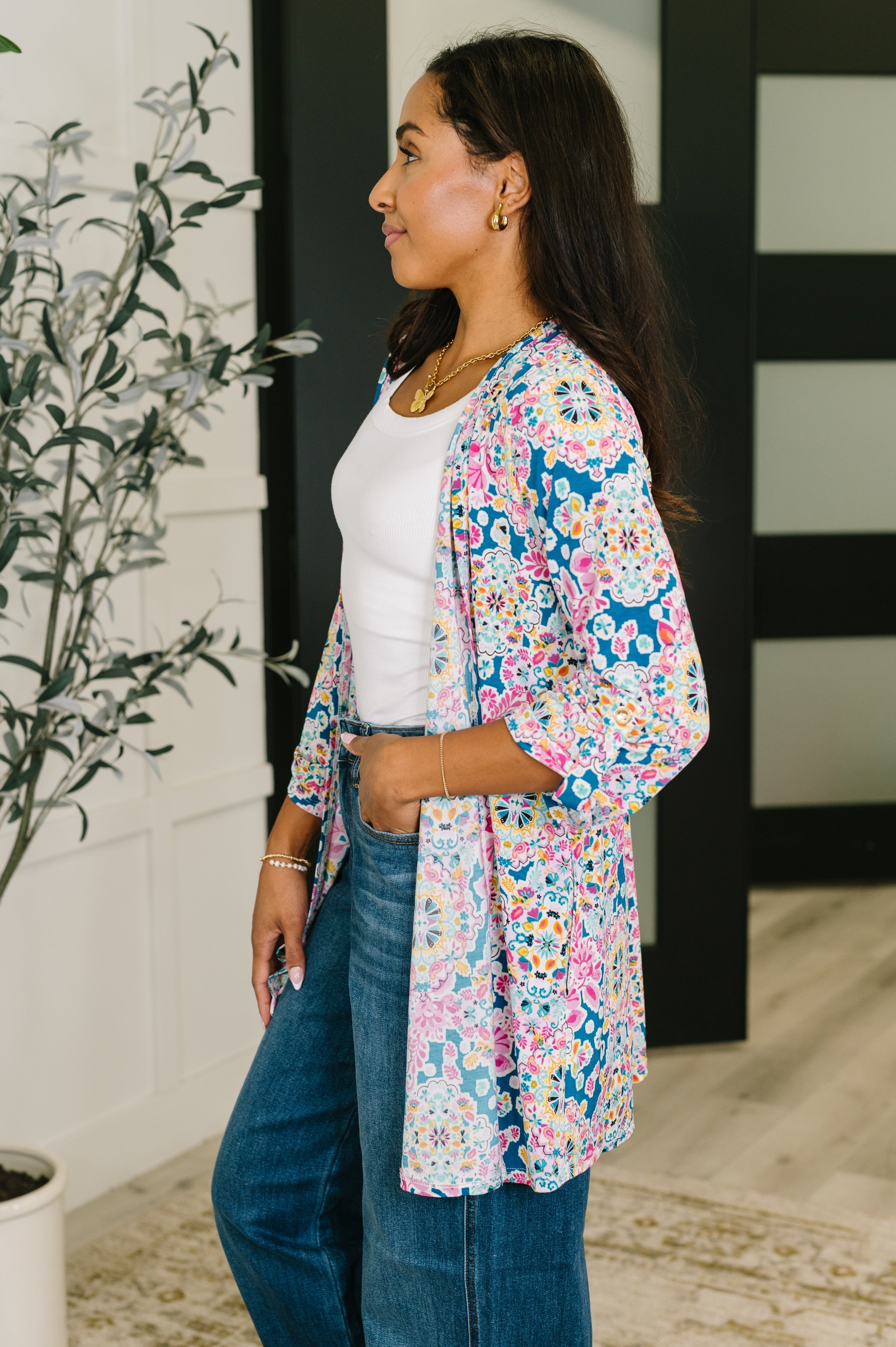 Lizzy Cardigan in Teal and Pink Floral Abstract - Charming Charlie