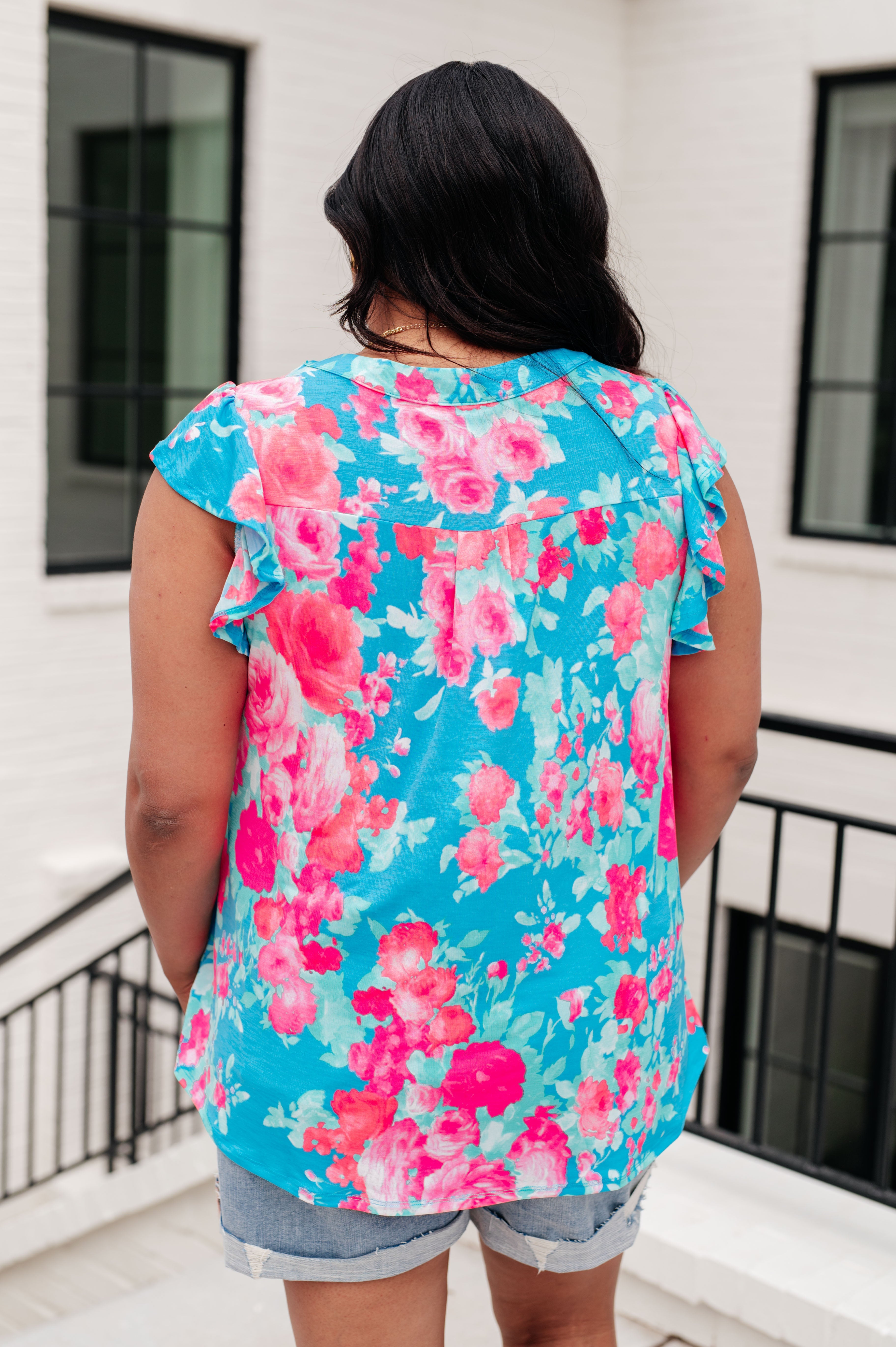 Lizzy Flutter Sleeve Top in Magenta and Yellow Floral