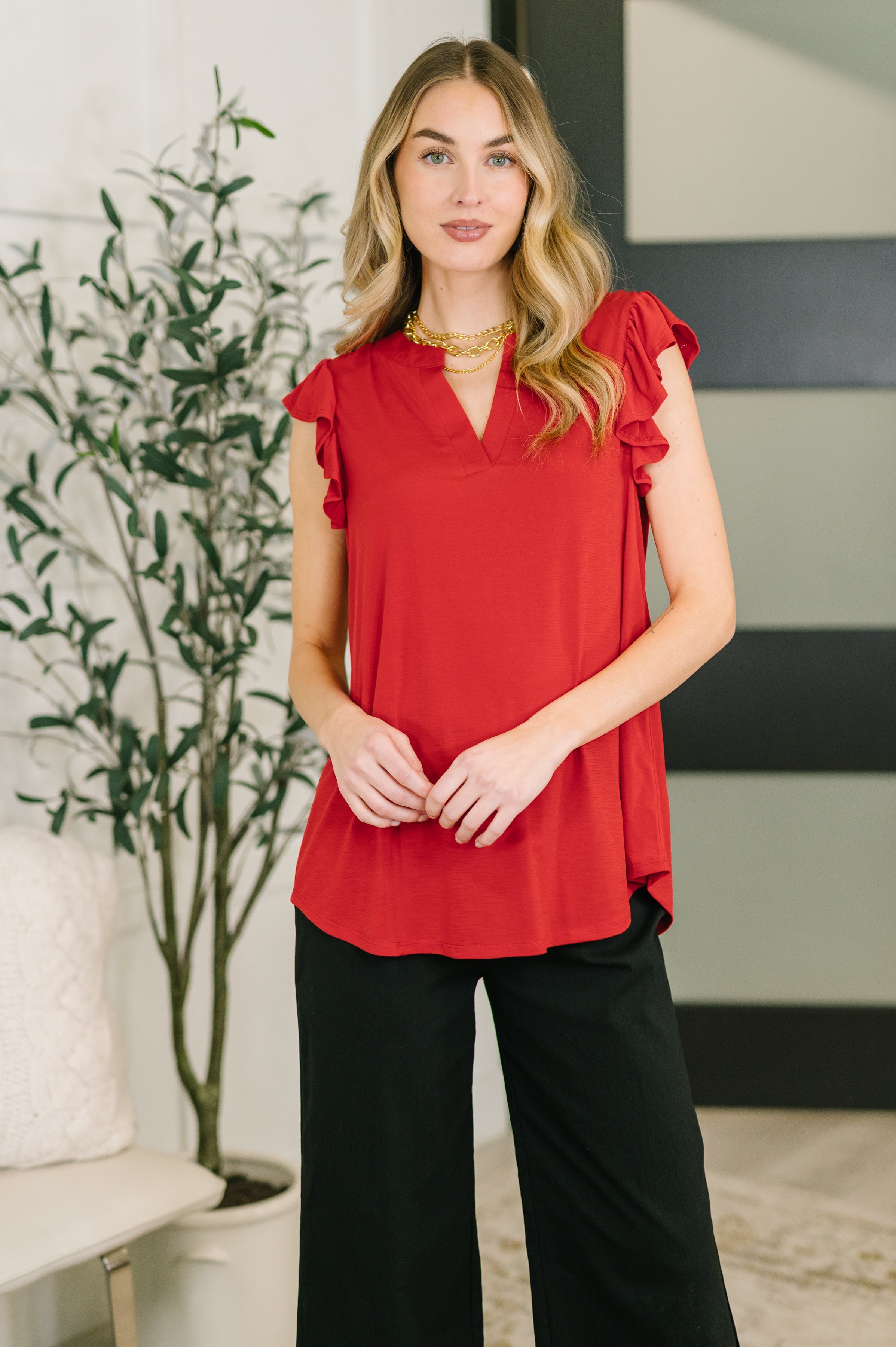 Lizzy Flutter Sleeve V-Neck Blouse in Red - Charming Charlie