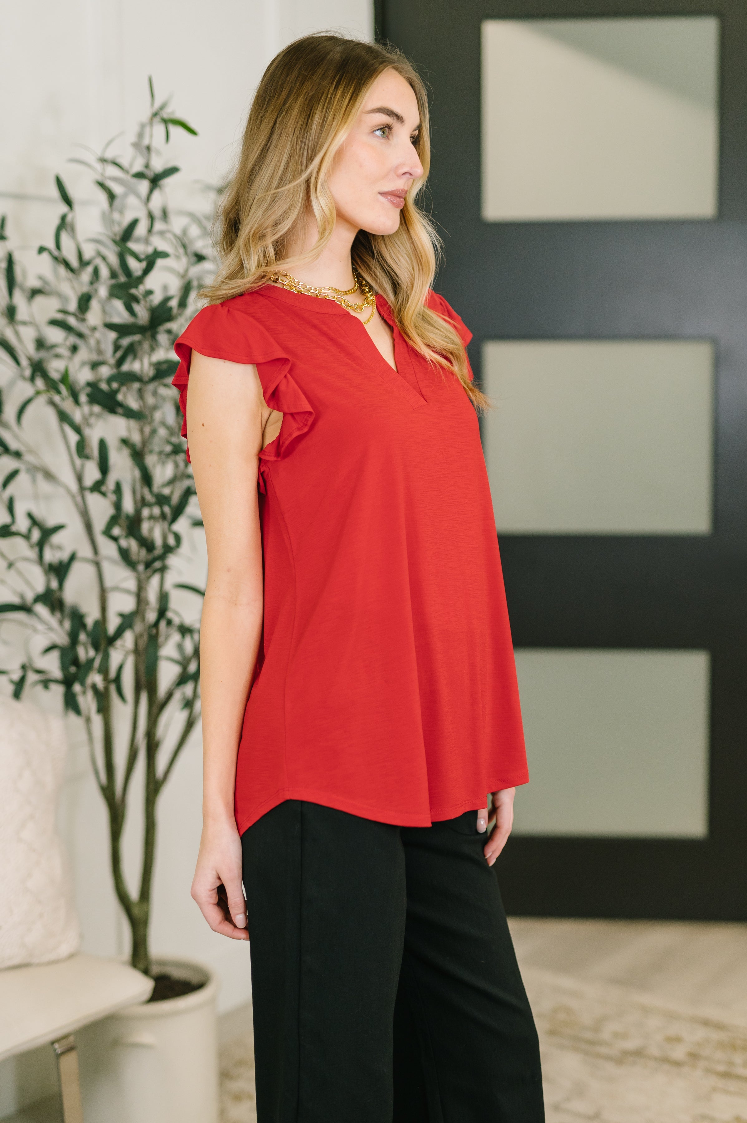 Lizzy Flutter Sleeve V-Neck Blouse in Red - Charming Charlie