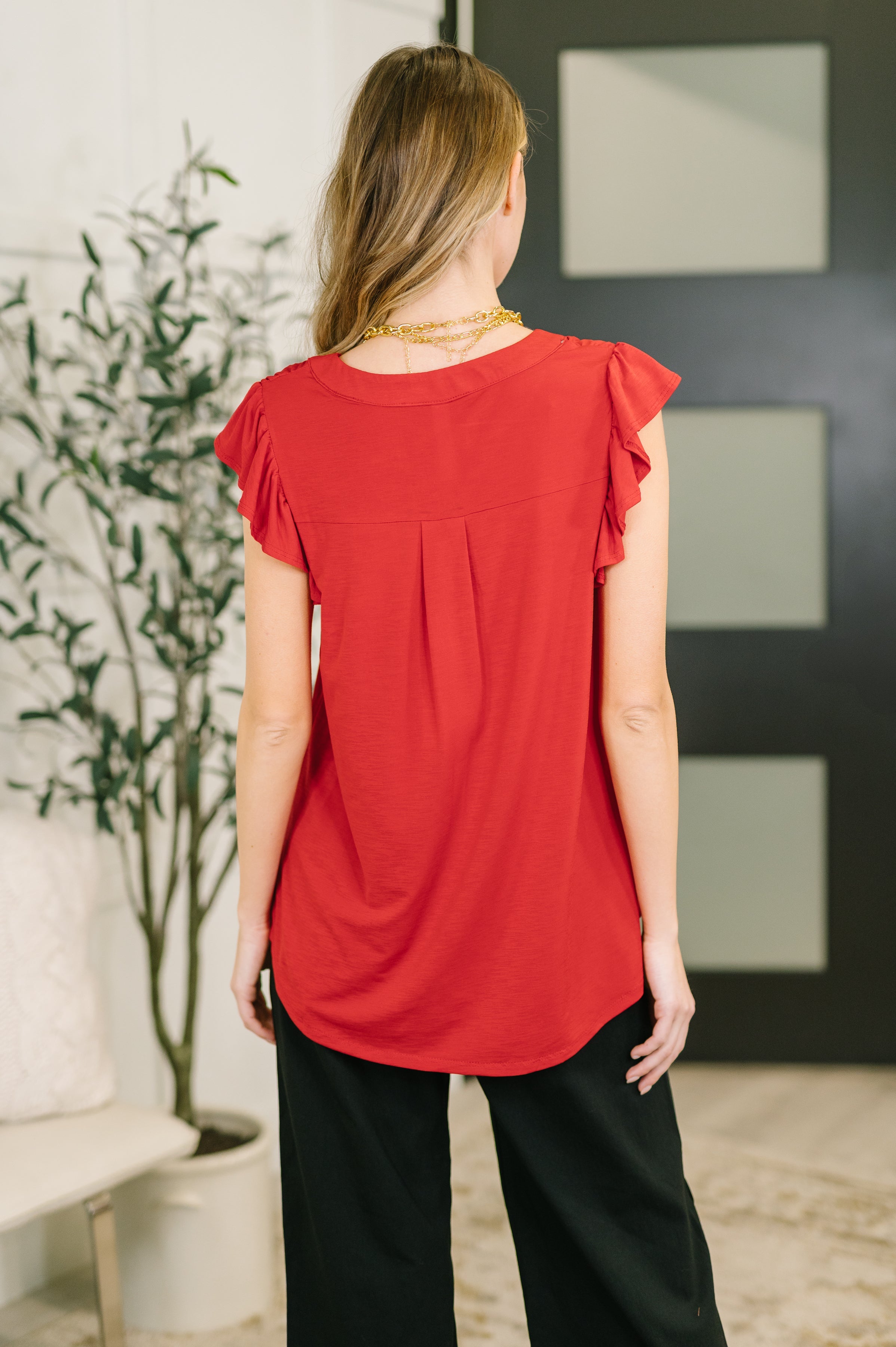 Lizzy Flutter Sleeve V-Neck Blouse in Red - Charming Charlie