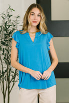 Lizzy Flutter Sleeve V-Neck Blouse in  in Aqua - Charming Charlie