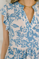 Lizzy Flutter Sleeve Dress in White and Blue Floral - Charming Charlie