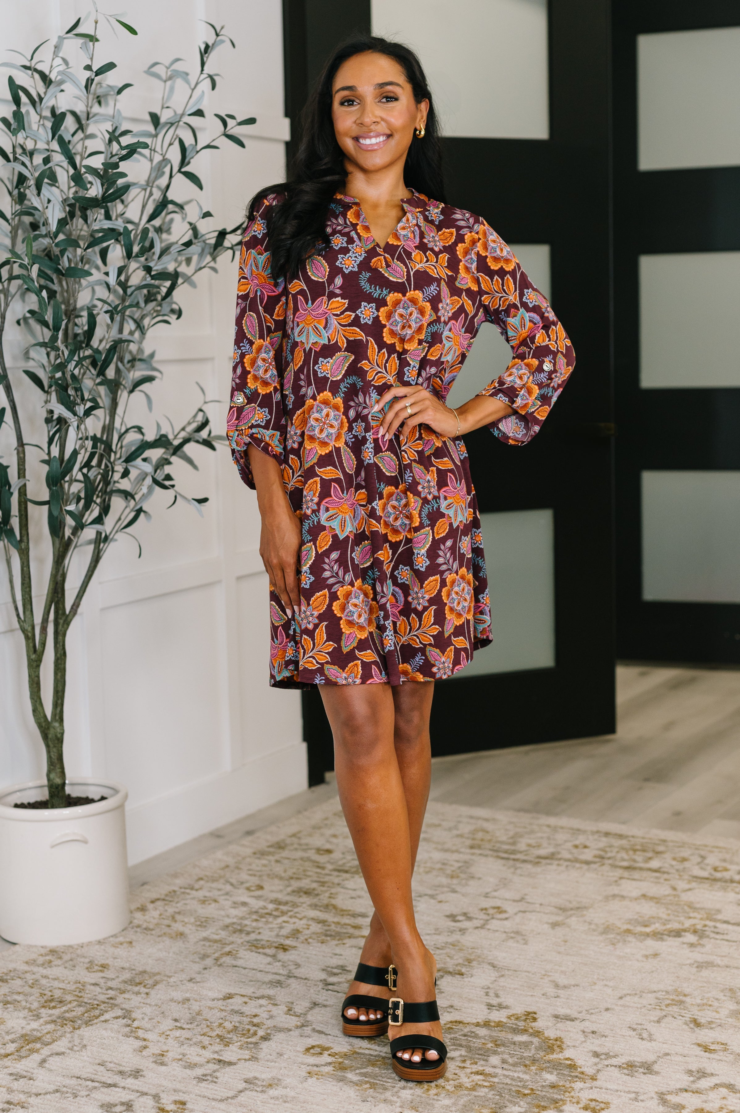 Lizzy Long Sleeve Dress in Chocolate Floral - Charming Charlie