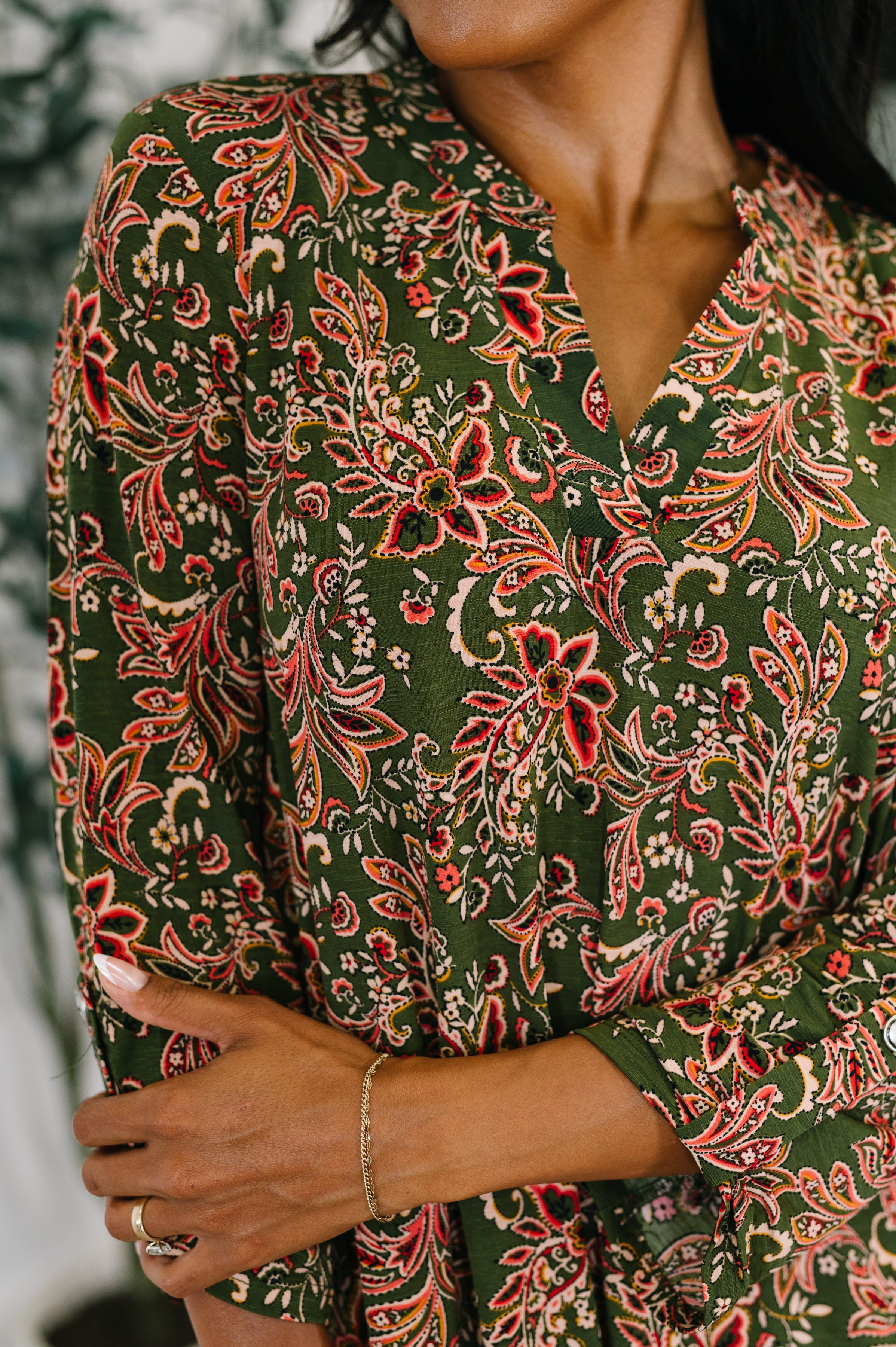Lizzy Long Sleeve Dress in Olive Paisley - Charming Charlie