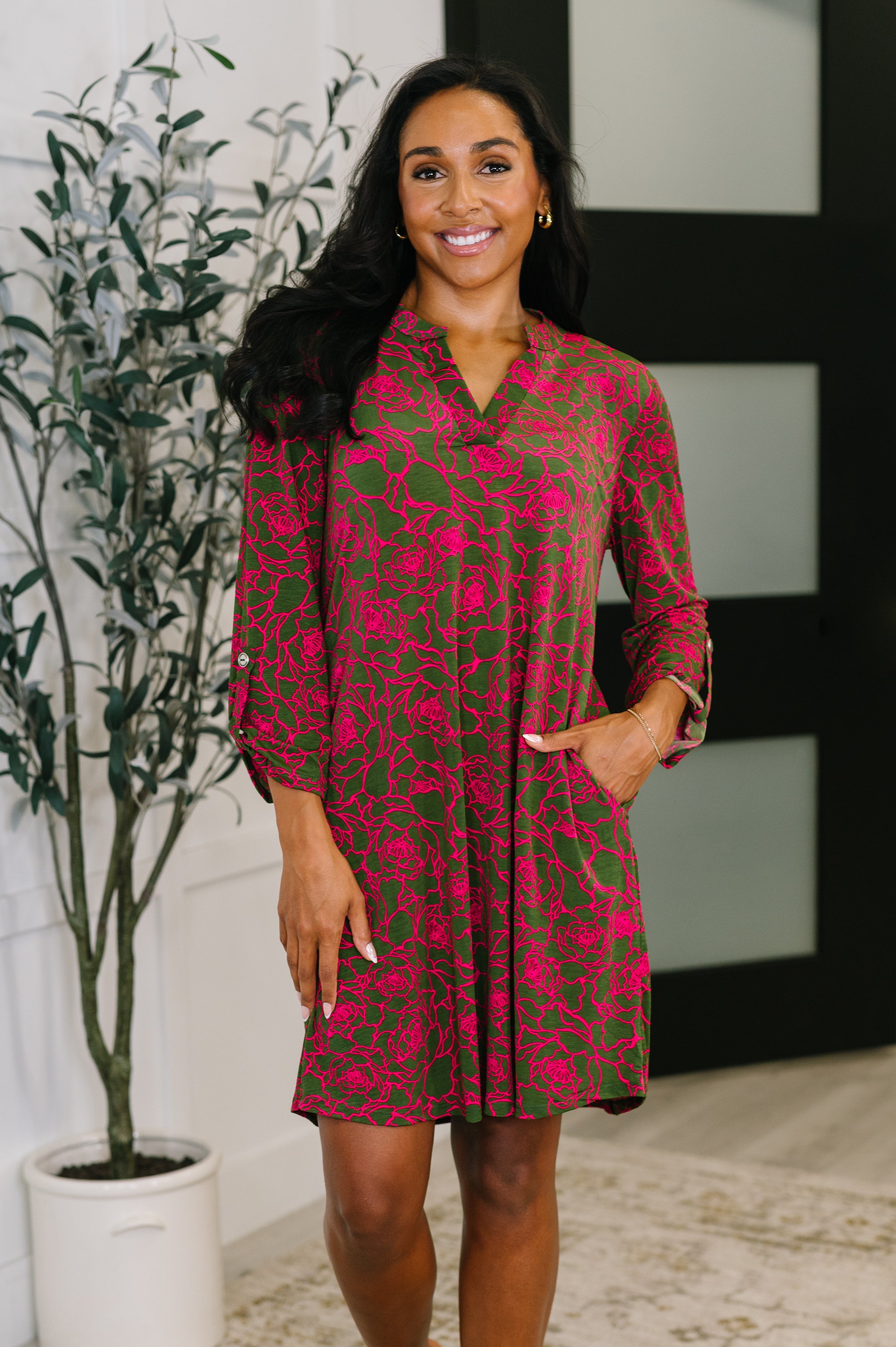 Lizzy Long Sleeve Dress in Pink and Olive Abstract Floral - Charming Charlie