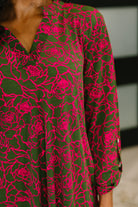 Lizzy Long Sleeve Dress in Pink and Olive Abstract Floral - Charming Charlie