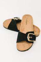 Lizzy Slip On Buckle Strap Sandal in Black - Charming Charlie