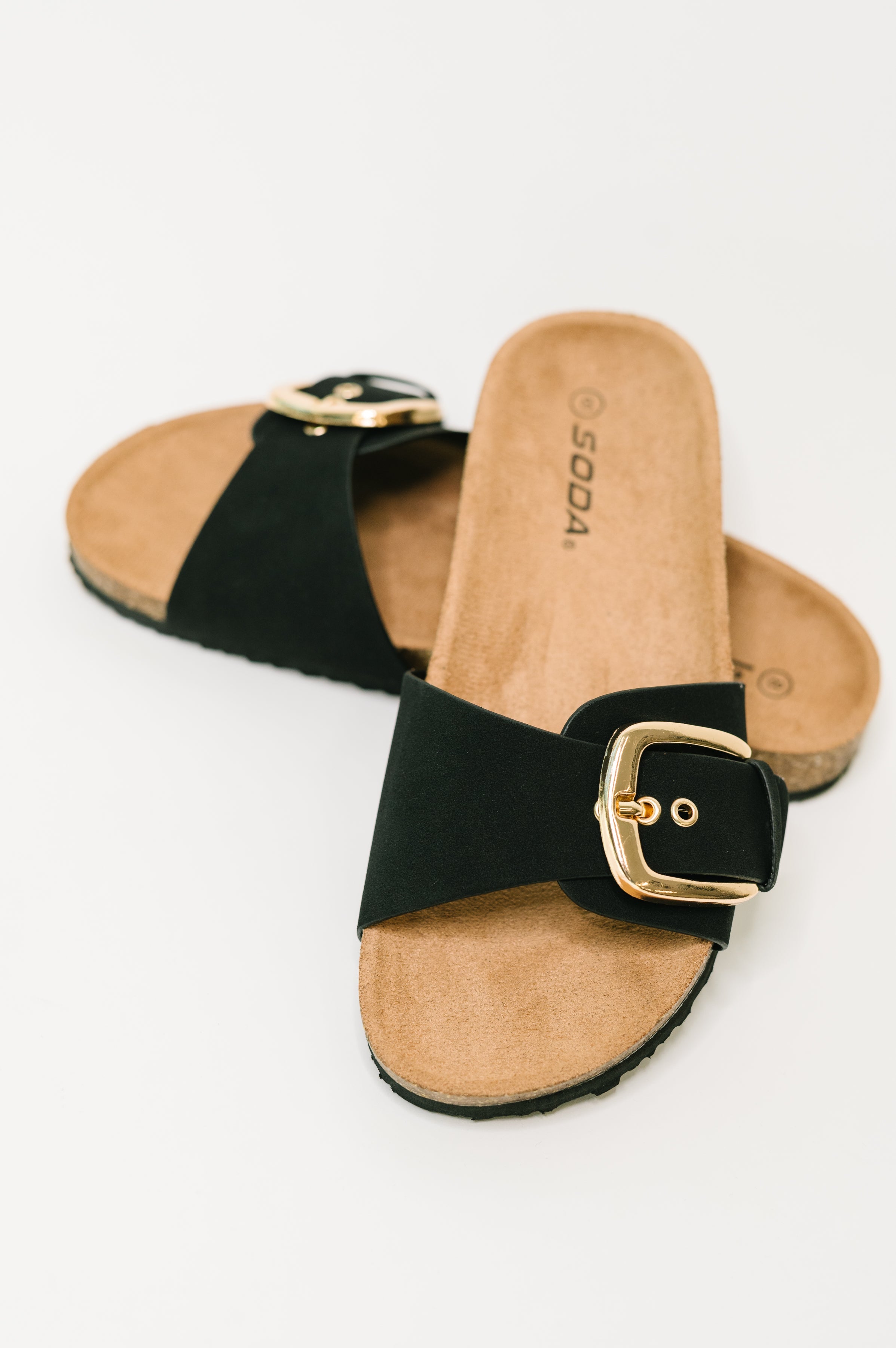 Lizzy Slip On Buckle Strap Sandal in Black - Charming Charlie