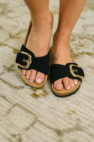 Lizzy Slip On Buckle Strap Sandal in Black - Charming Charlie