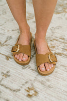 Lizzy Slip On Buckle Strap Sandal in Tan - Charming Charlie