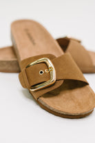 Lizzy Slip On Buckle Strap Sandal in Tan - Charming Charlie