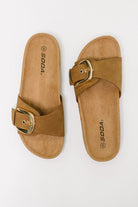 Lizzy Slip On Buckle Strap Sandal in Tan - Charming Charlie